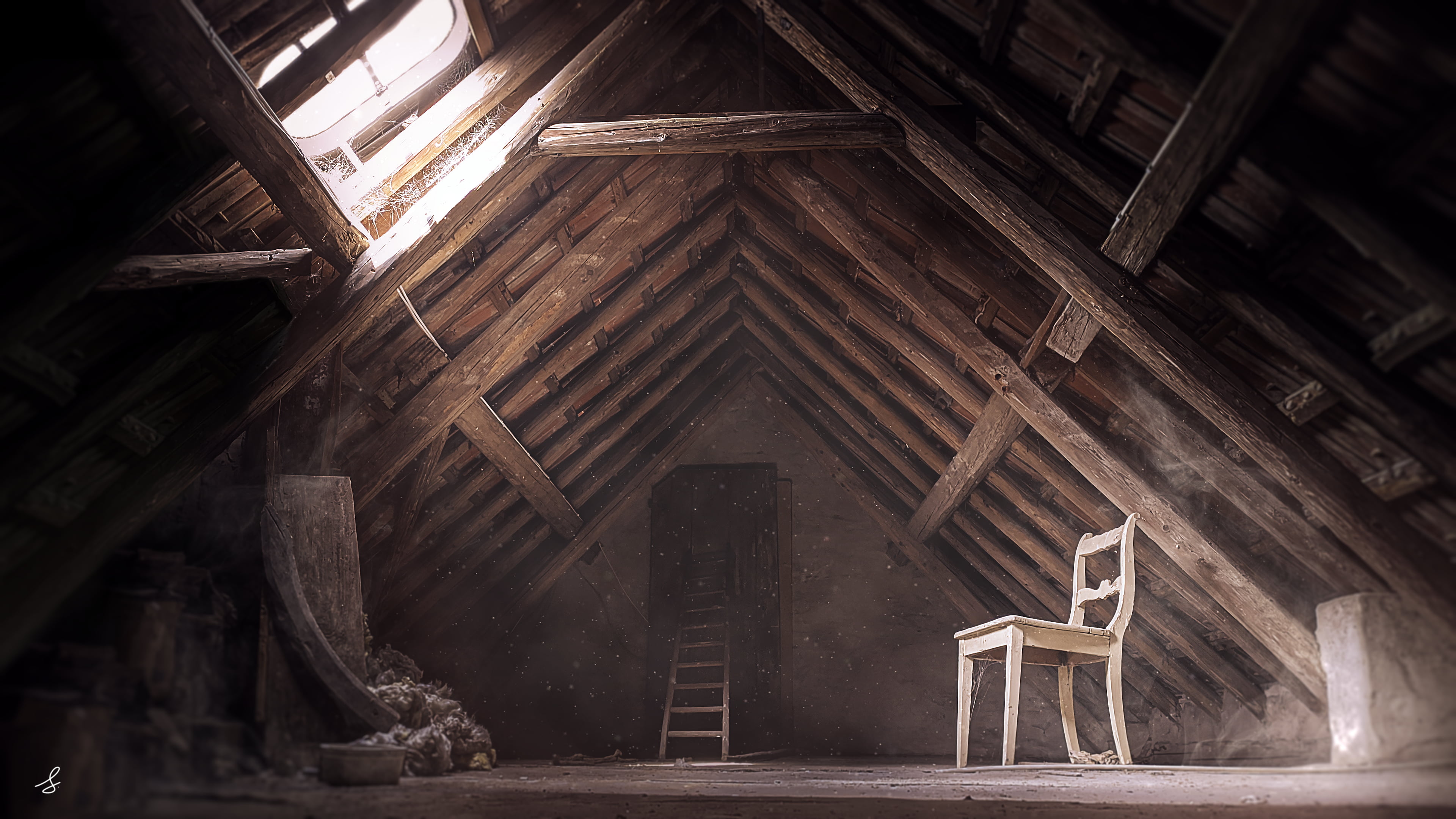 photography, attics, vintage, horror, light effects, desolation, wood, sun rays, dust, wood house, old building, isolation, decay, emotion, 4K, ancient, HD Wallpaper