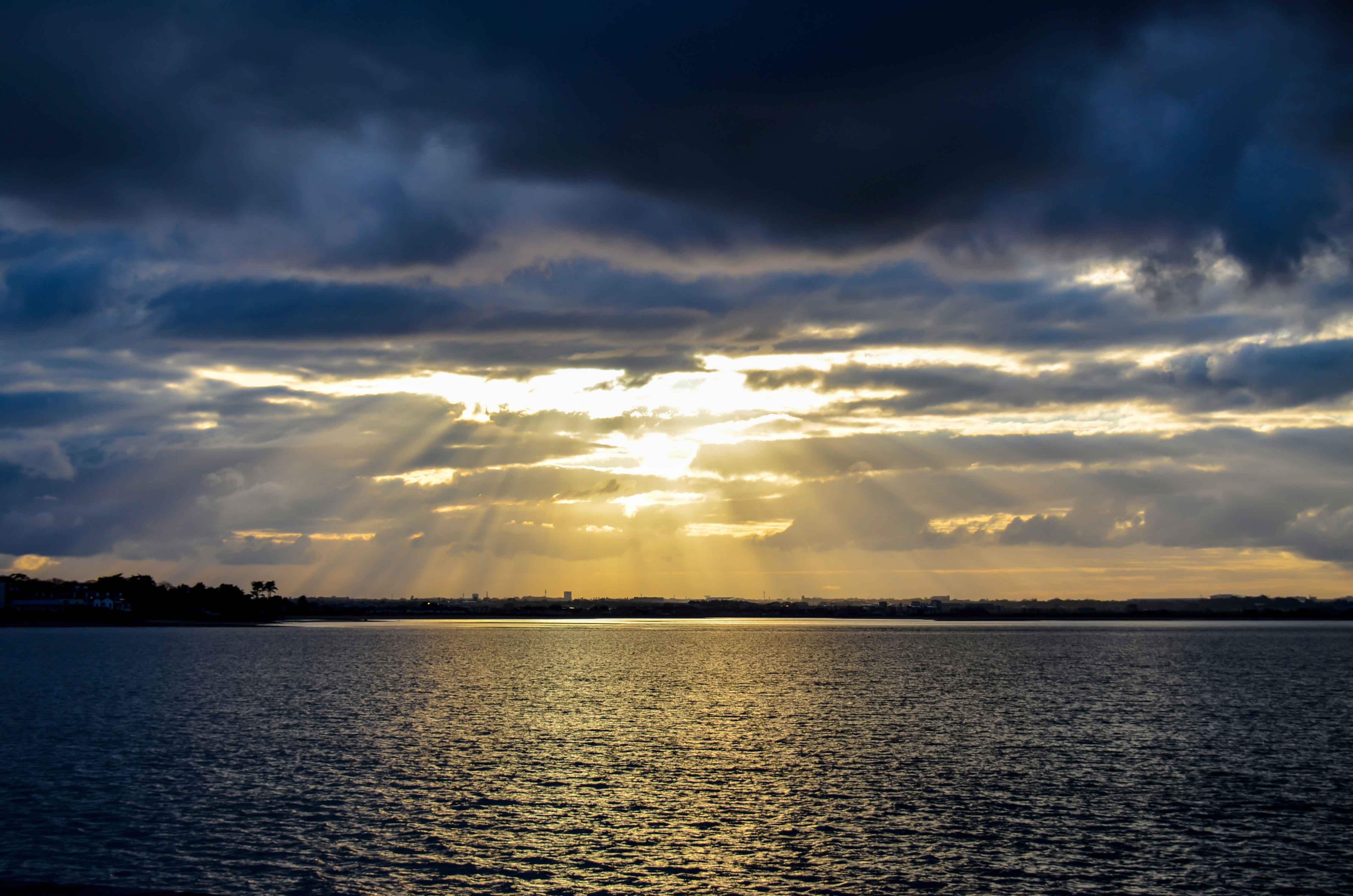 beauty in nature, sky, meditation, vacation, blue, ireland, tranquil scene, body, peaceful, dusk, hope, tranquility, coastline, 4K, overcast, sea, sunbeam, HD Wallpaper
