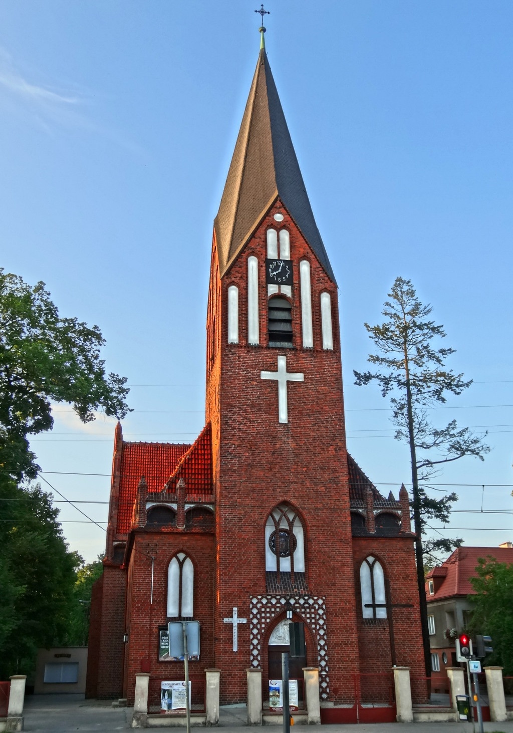 architecture, christianity, nature, clear sky, poland, place of worship, spirituality, outdoors, sky, plant, tree, spire, bydgoszcz, built structure, tower, Phone HD Wallpaper