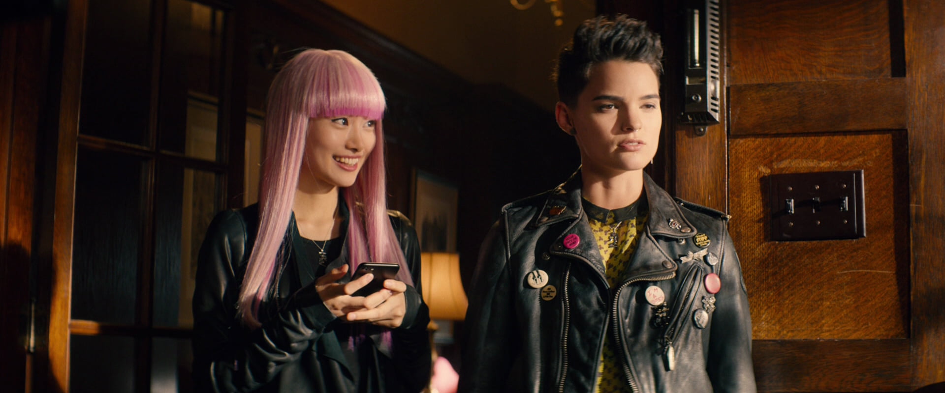 two women, dark hair, women, 1080P, Shiori Kutsuna, Asian, film stills, leather jackets, long hair, short hair, smiling, Yukio, Deadpool 2, Negasonic Teenage Warhead, HD Wallpaper