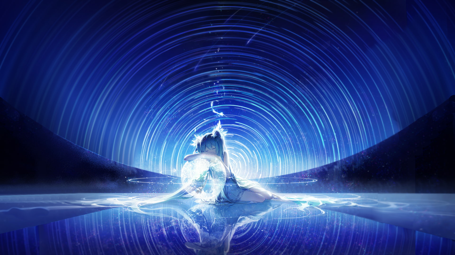 1080P, blue, light, illuminated, light beam, long exposure, artwork, one person, Vocaloid, water, young adult, adult, full length, night, digital composite, HD Wallpaper