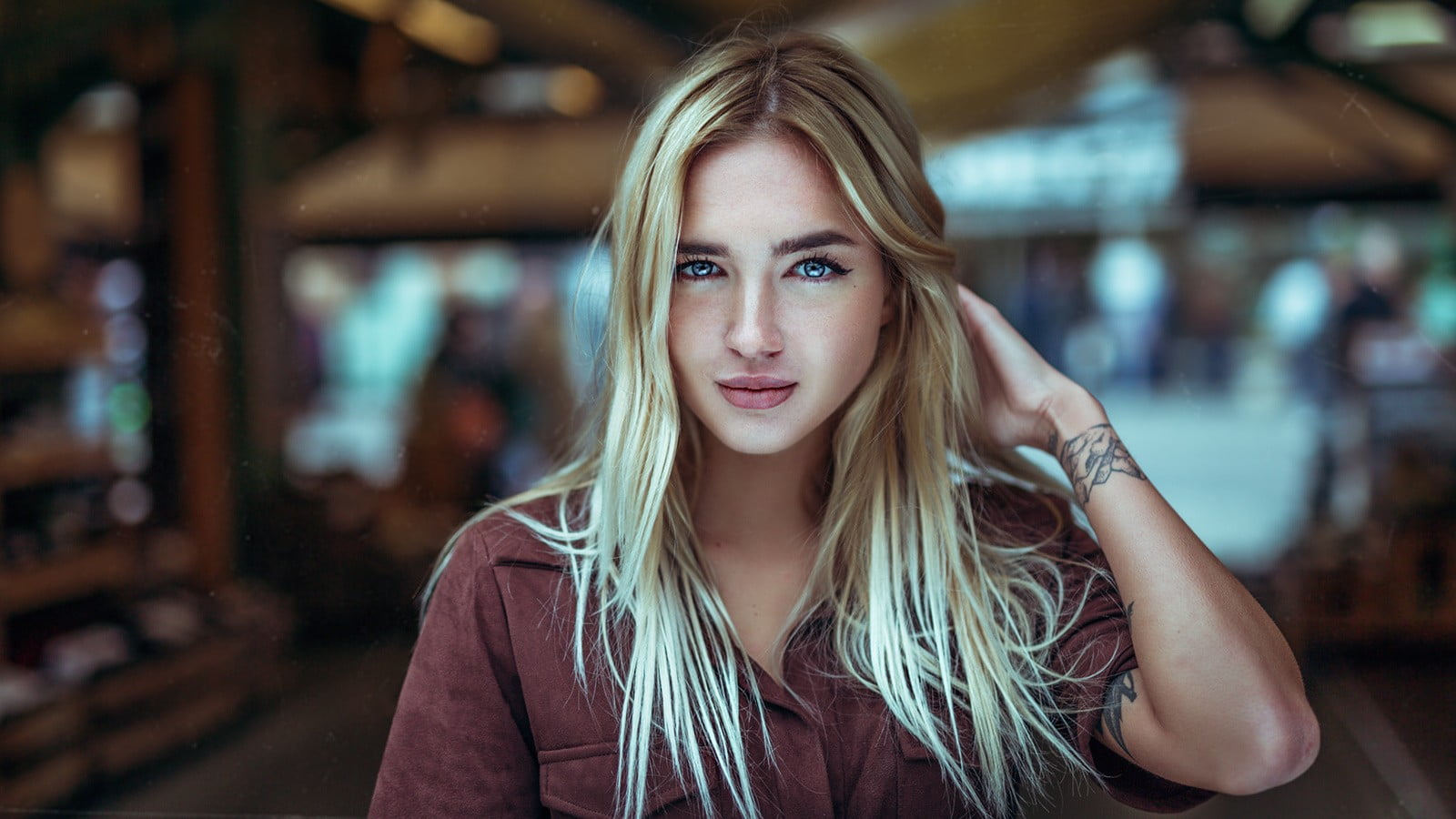 tattoo, looking at camera, young women, women, hairstyle, beautiful people, blonde, focus on foreground, emotion, portrait, long hair, hair, one person, HD Wallpaper