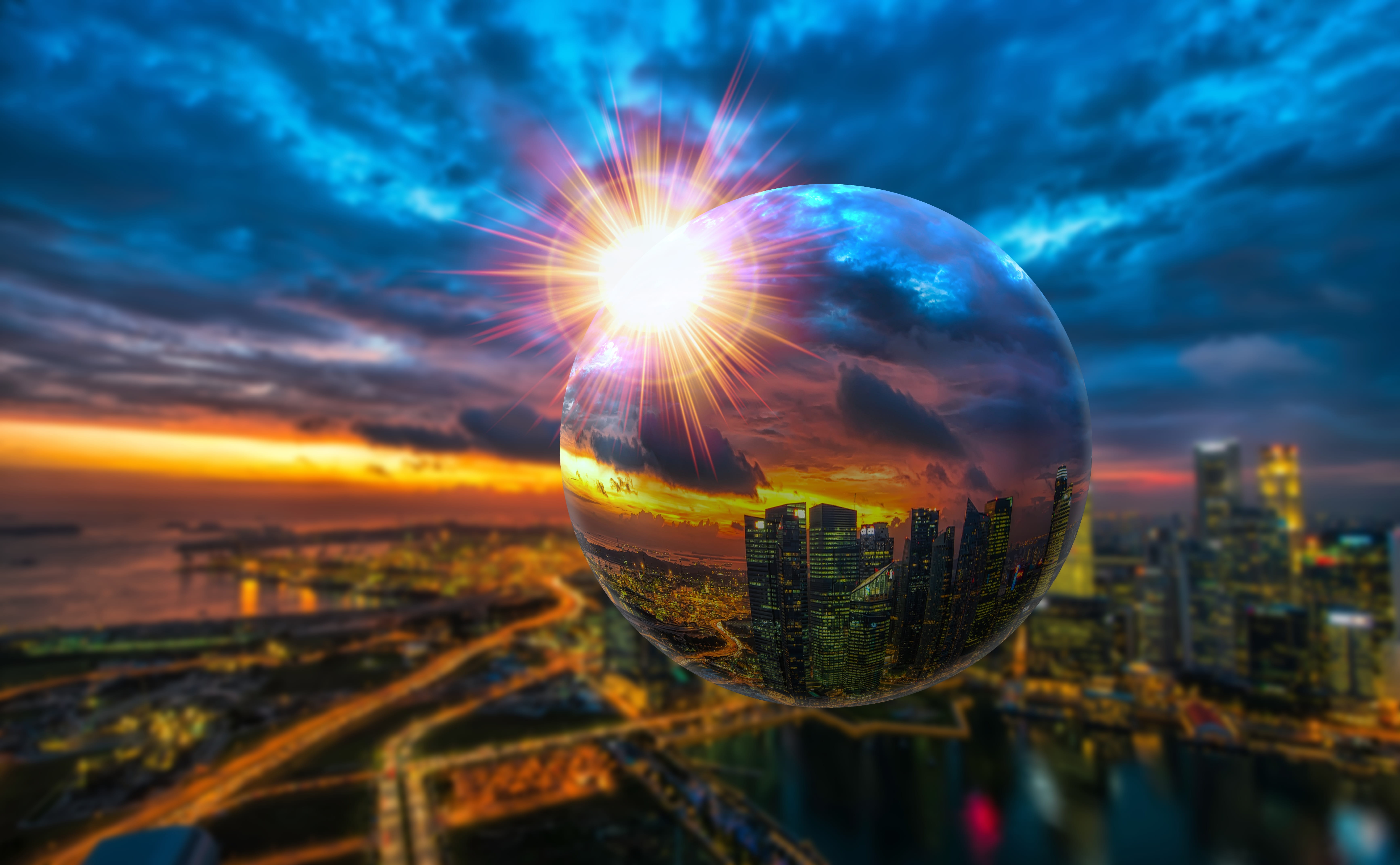 creative, reflection, no people, skyscraper, city, 5K, cloud - sky, sun, background, glass, water, lens flare, glass ball, building exterior, office building exterior, HD Wallpaper
