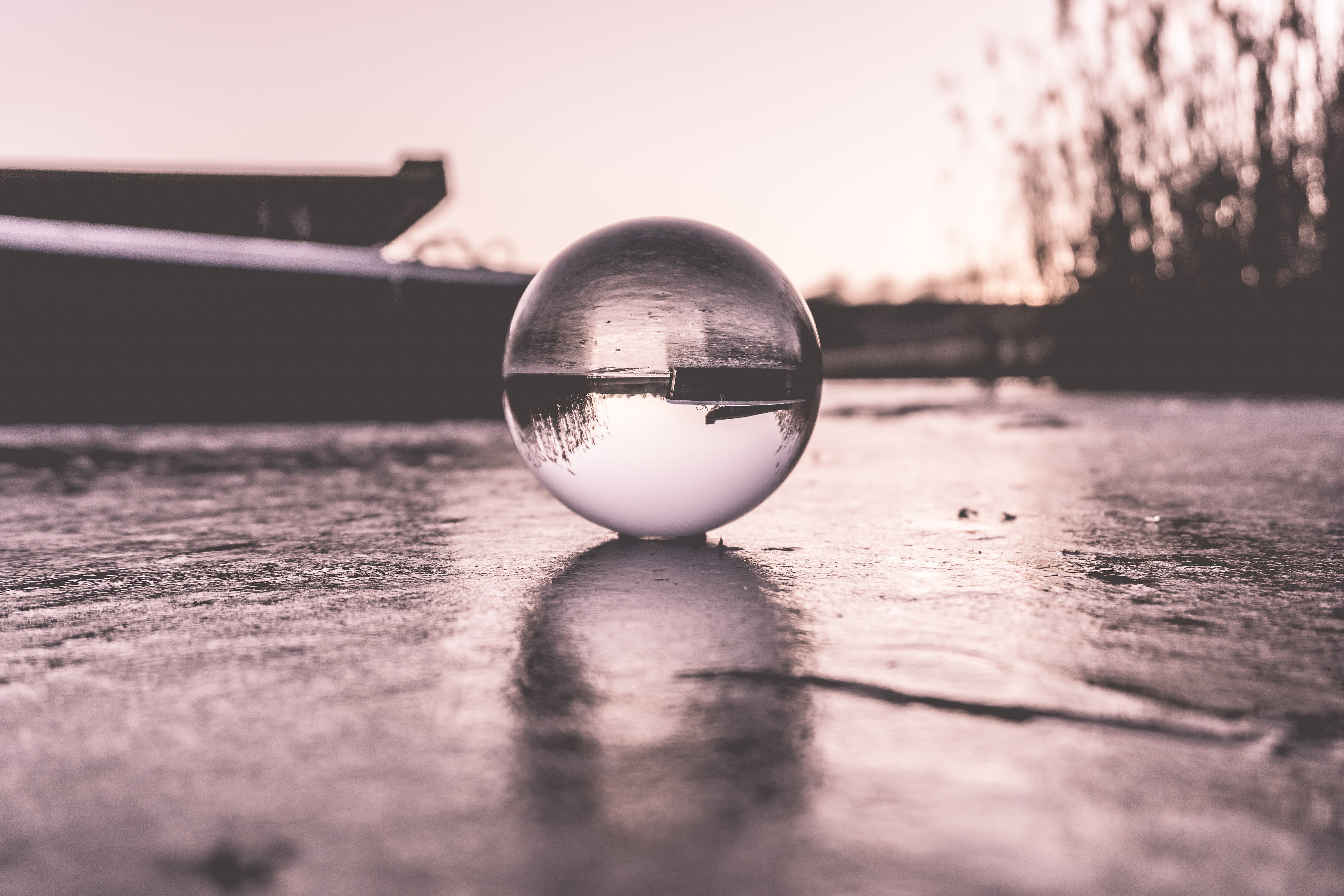 crystal ball, no people, round, bright, reflection, frozen, outdoors, 5K, transparent, glass - material, surface level, sky, sunset, nature, decoration, HD Wallpaper