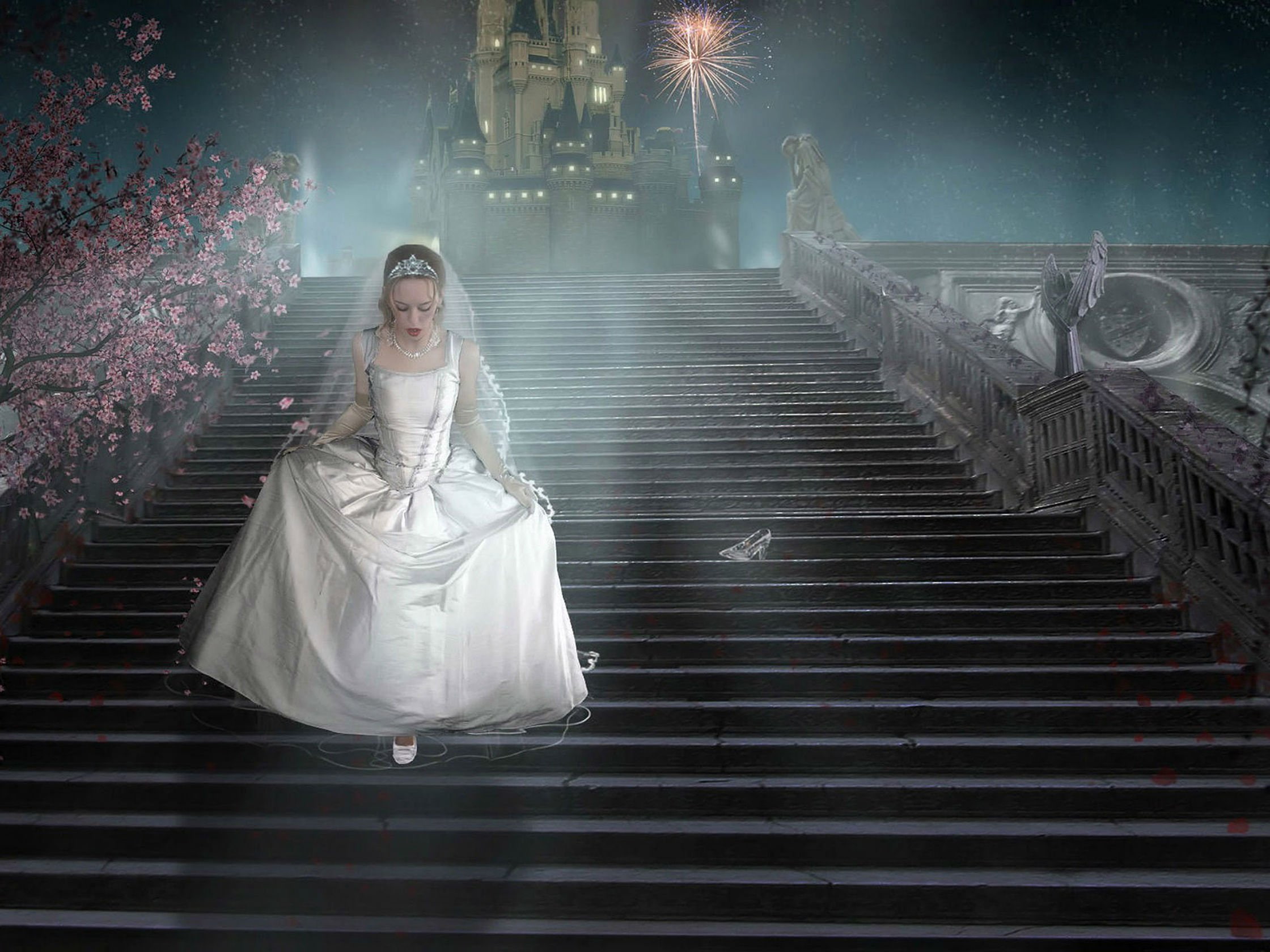series, adult, staircase, digital composite, night, fashion, Cinderella, actress, beauty, girl, advertisement, 2240x1680 px, wedding dress, 1080P, beautiful woman, HD Wallpaper