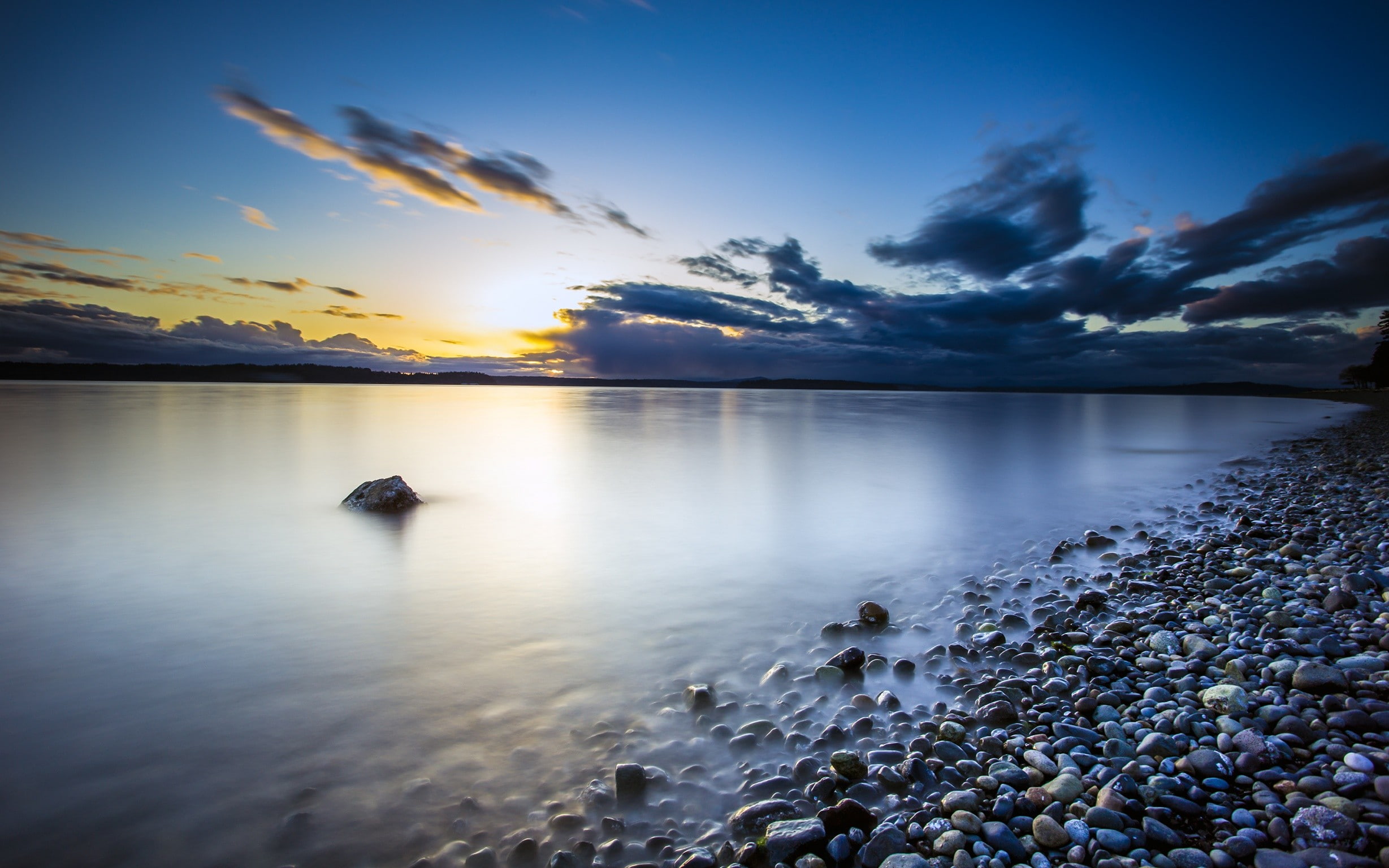 sunset, water, rock, clouds, Washington state, Seattle, beach, 1080P, pebbles, HD Wallpaper