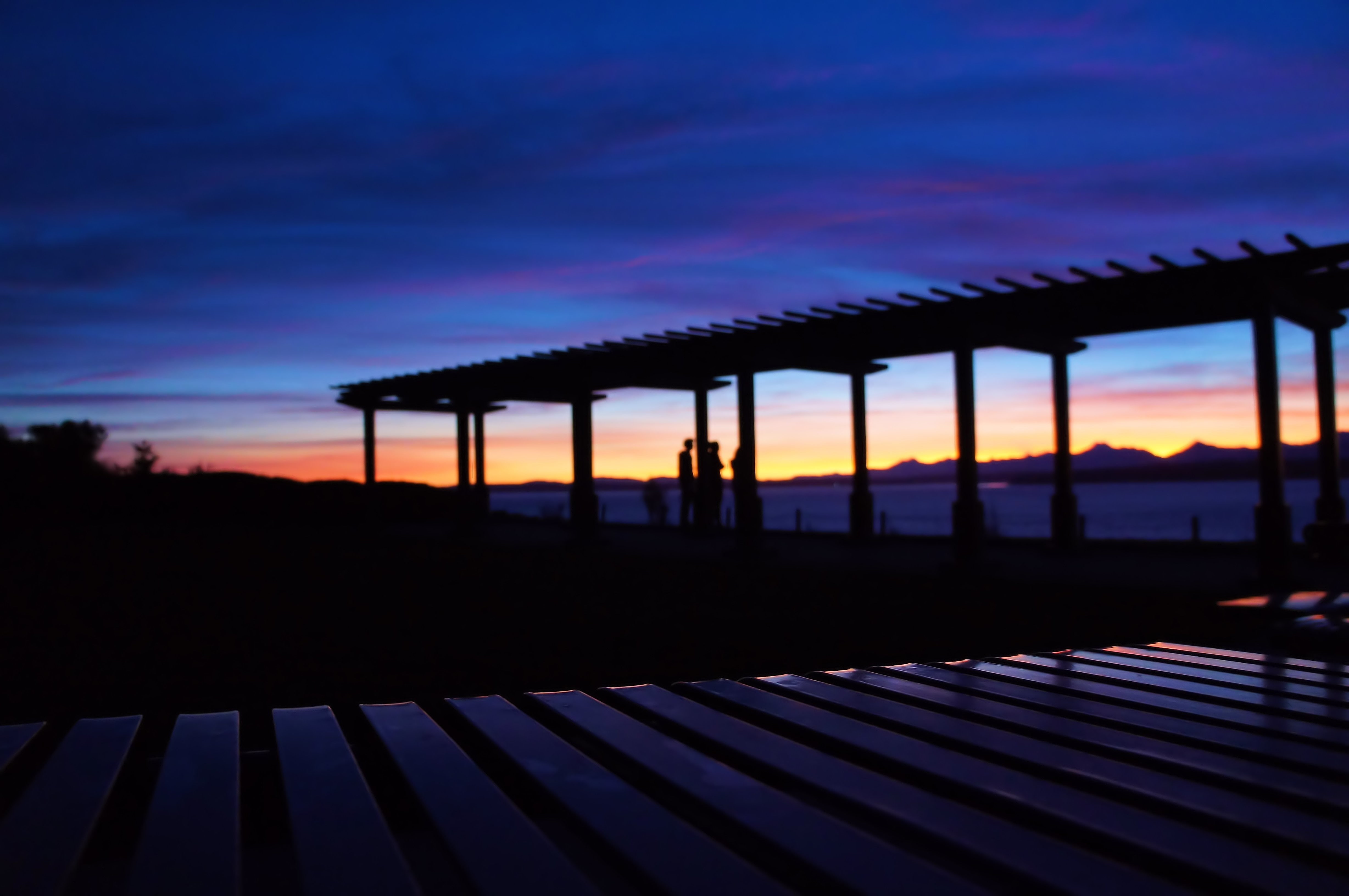 beach, USA, sunset, blurred, Washington state, depth of field, 4K, pier, HD Wallpaper