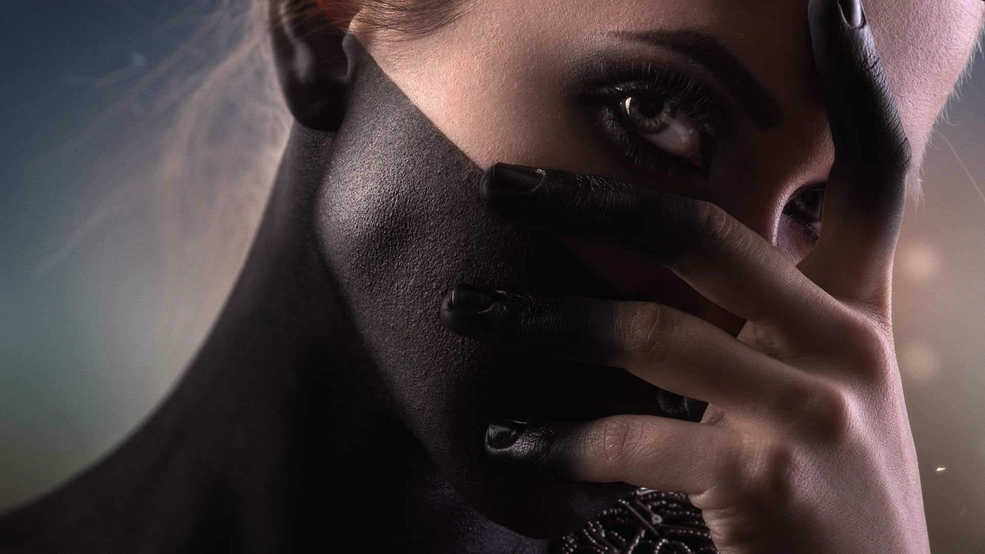 human face, adult, one person, mid adult, looking at viewer, portrait, hand, headshot, contemplation, close-up, indoors, studio shot, body paint, 1080P, HD Wallpaper