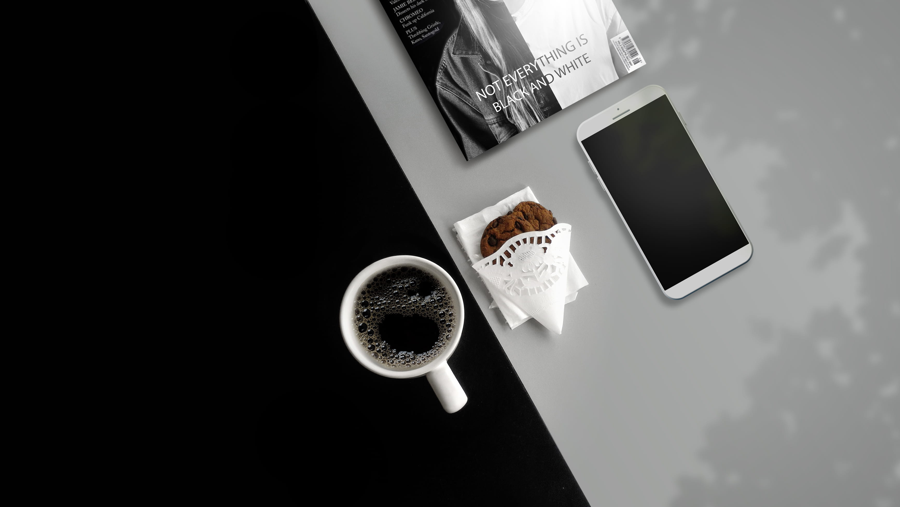 monochrome, phone, text, studio shot, black, breakfast, refreshment, still life, drink, 2K, food and drink, technology, flat lay, hot drink, wireless technology, HD Wallpaper