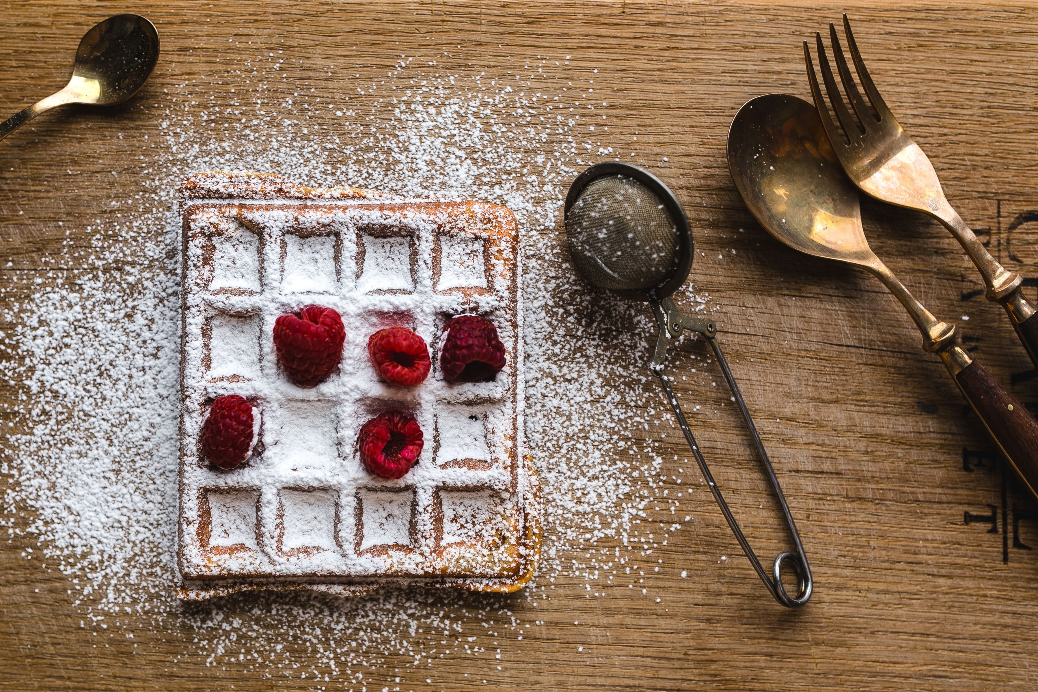 indoors, food, dessert, bakary, wood - Material, baked, sweet, fresh, delicious, eating utensil, directly above, waffles, no people, 2K, raspberries, powdered sugar, HD Wallpaper