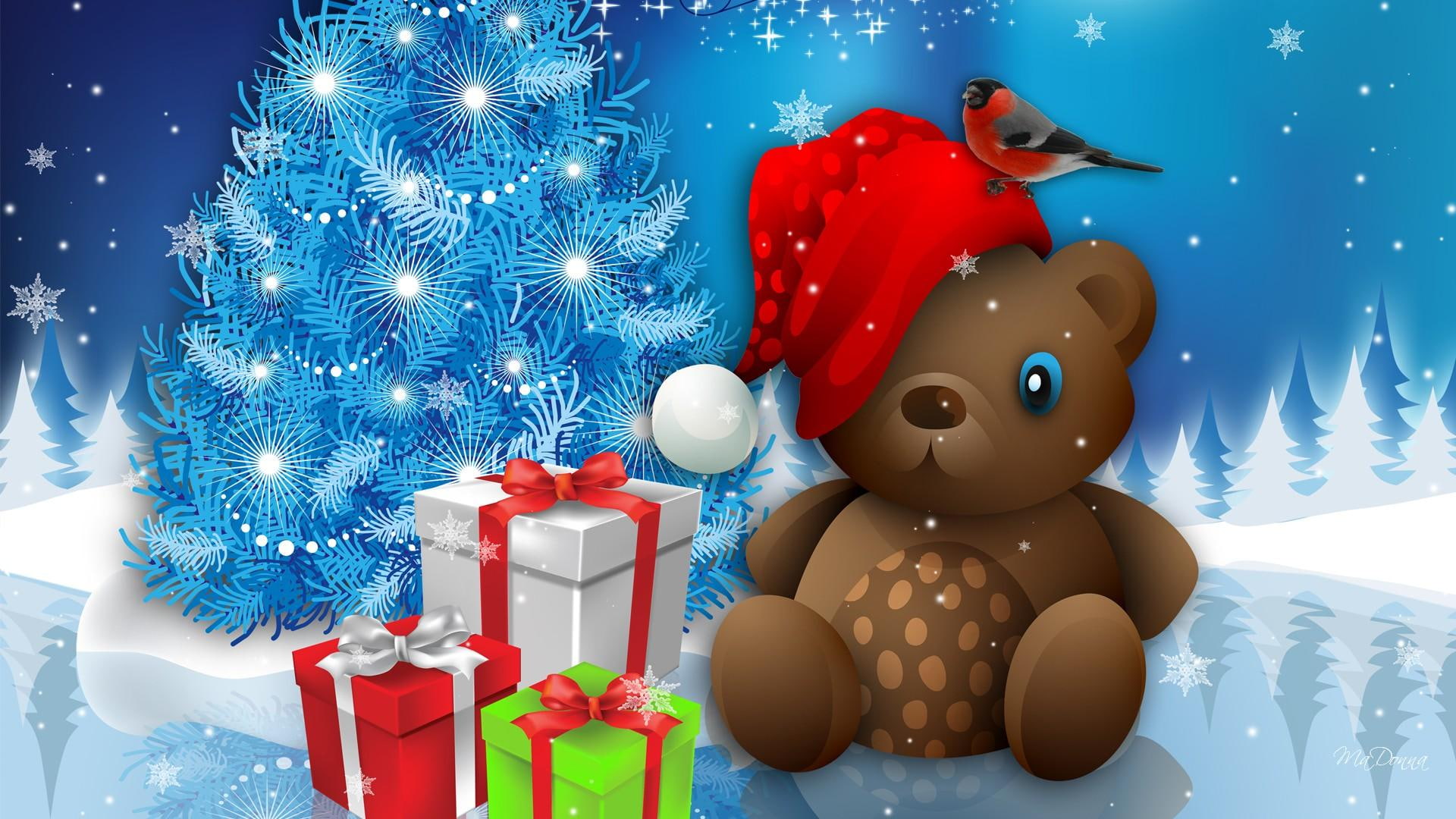 bear, teddy bear, snowflakes, near, bird, brown, cute, whimiscal, tree, sparkle, gifts, christmas, graphics, new year, 1080P, presents, HD Wallpaper