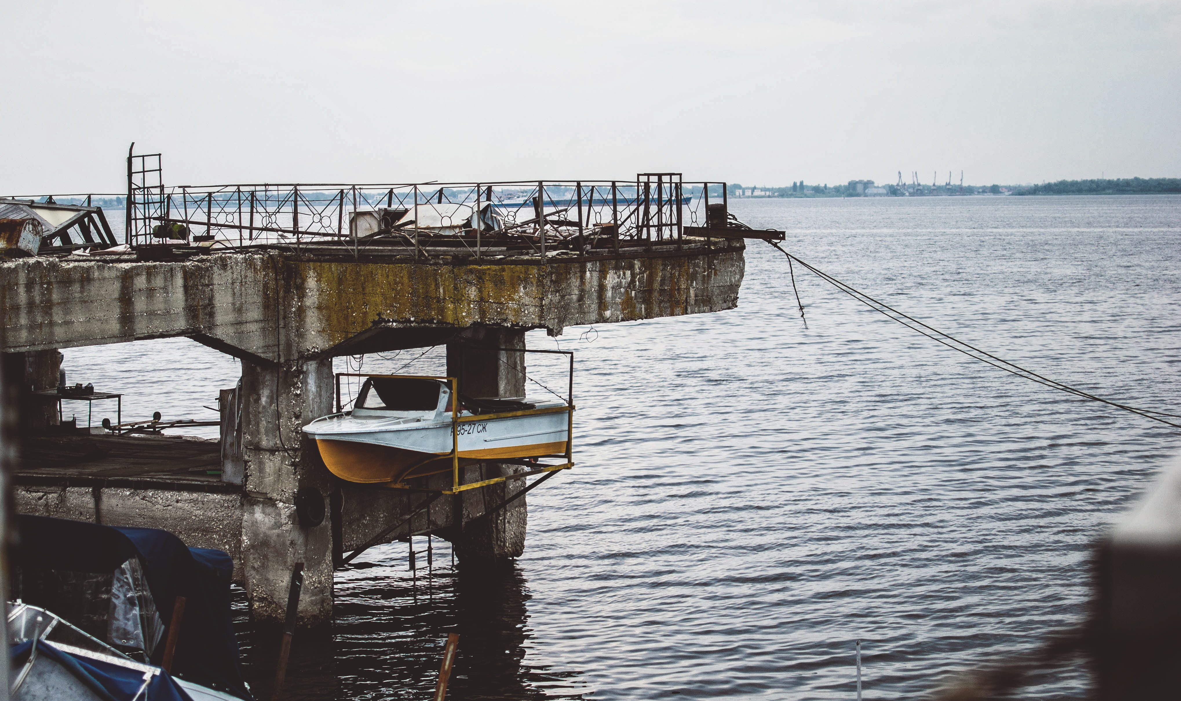 color, nautical vessel, waterside, near, no people, harbour, 4K, fishing industry, waterfront, port, fishing boat, river, concrete, gray, body, frame, HD Wallpaper