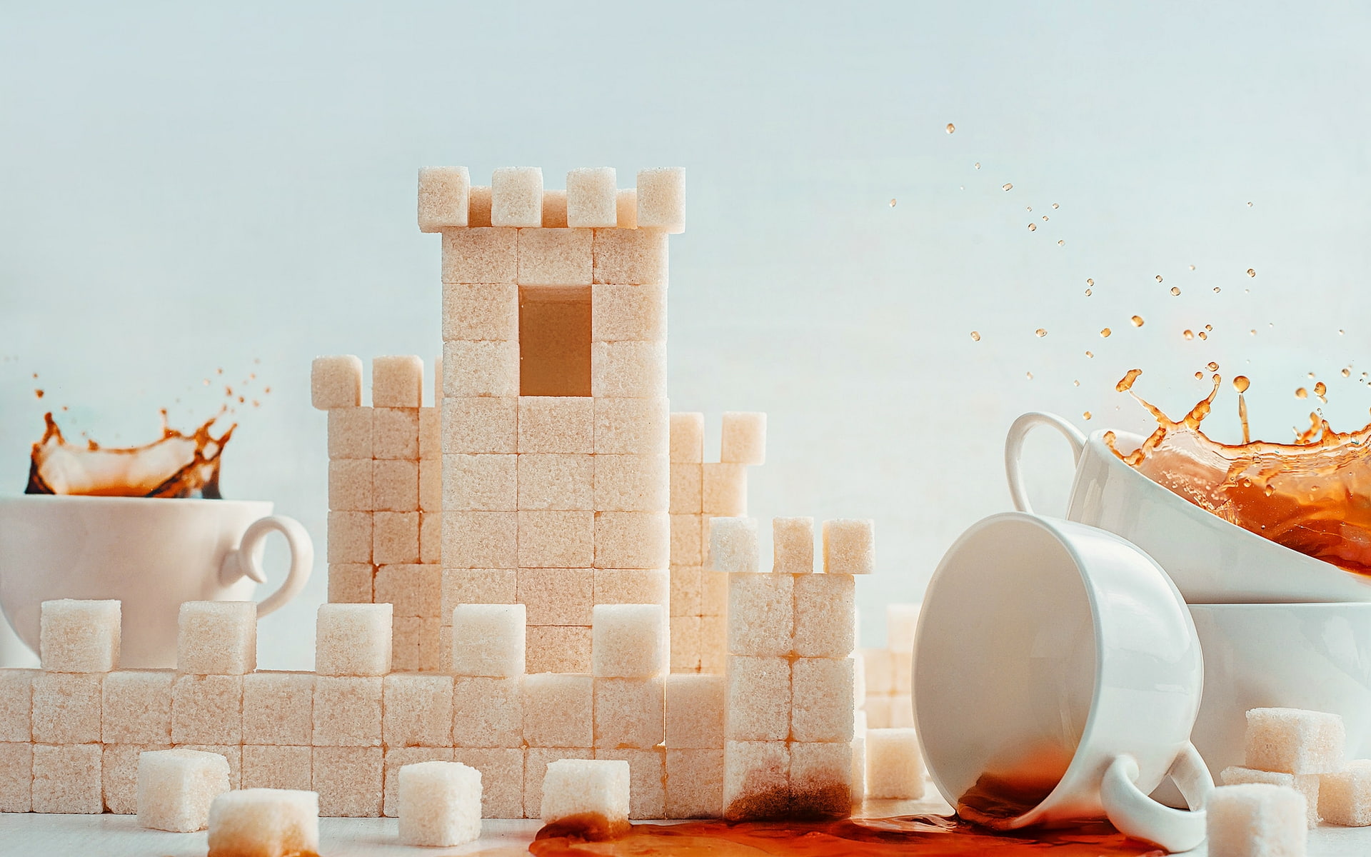 coffee, cubes, cups, lot, sugar cubes, 1080P, coffee cups, sugar, HD Wallpaper