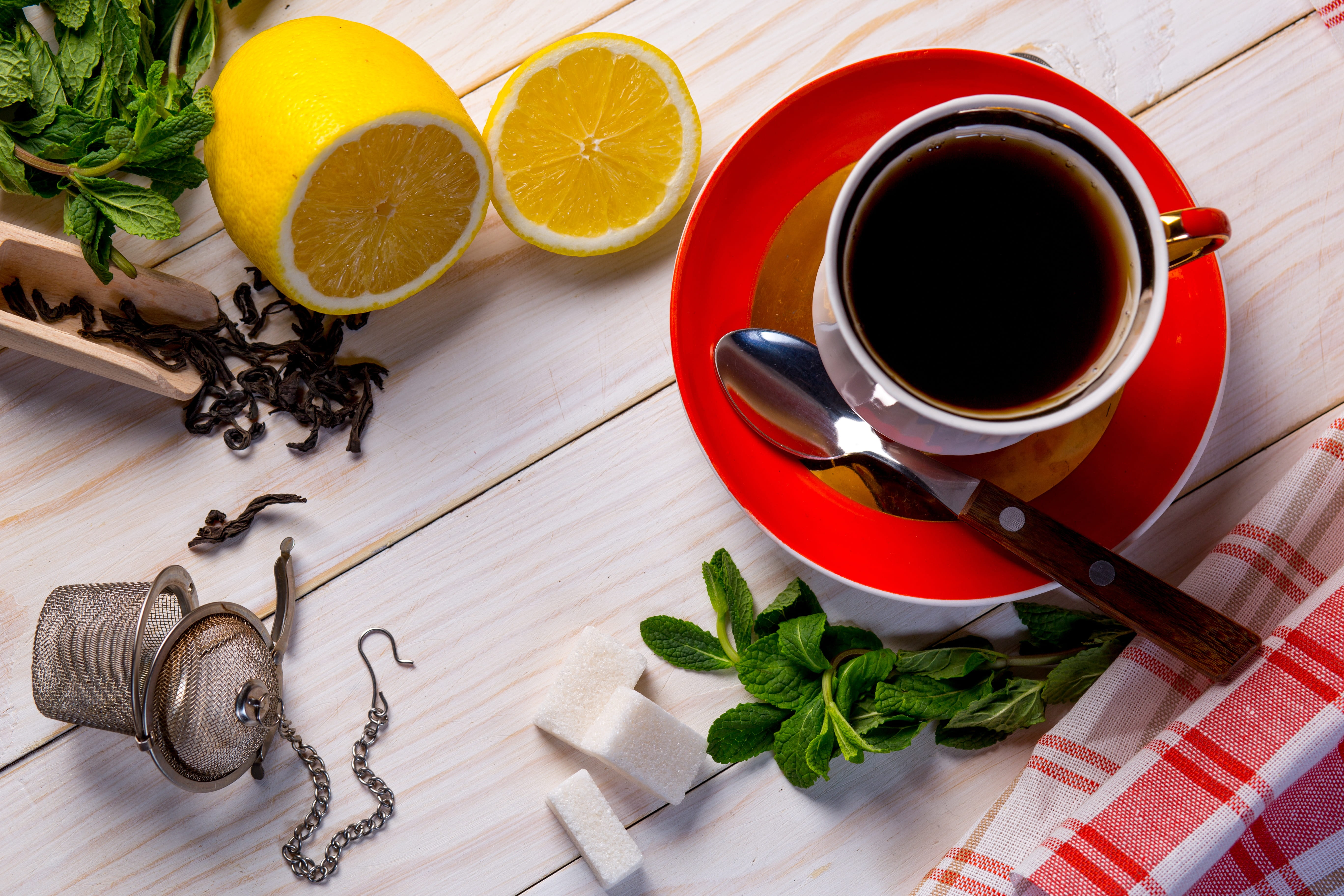 5K, leaf, citrus fruit, cubes, sugar, lemon, herb, coffee - drink, high angle view, tea cup, food, drink, mug, sliced, coffee cup, crockery, coffee, orange, HD Wallpaper