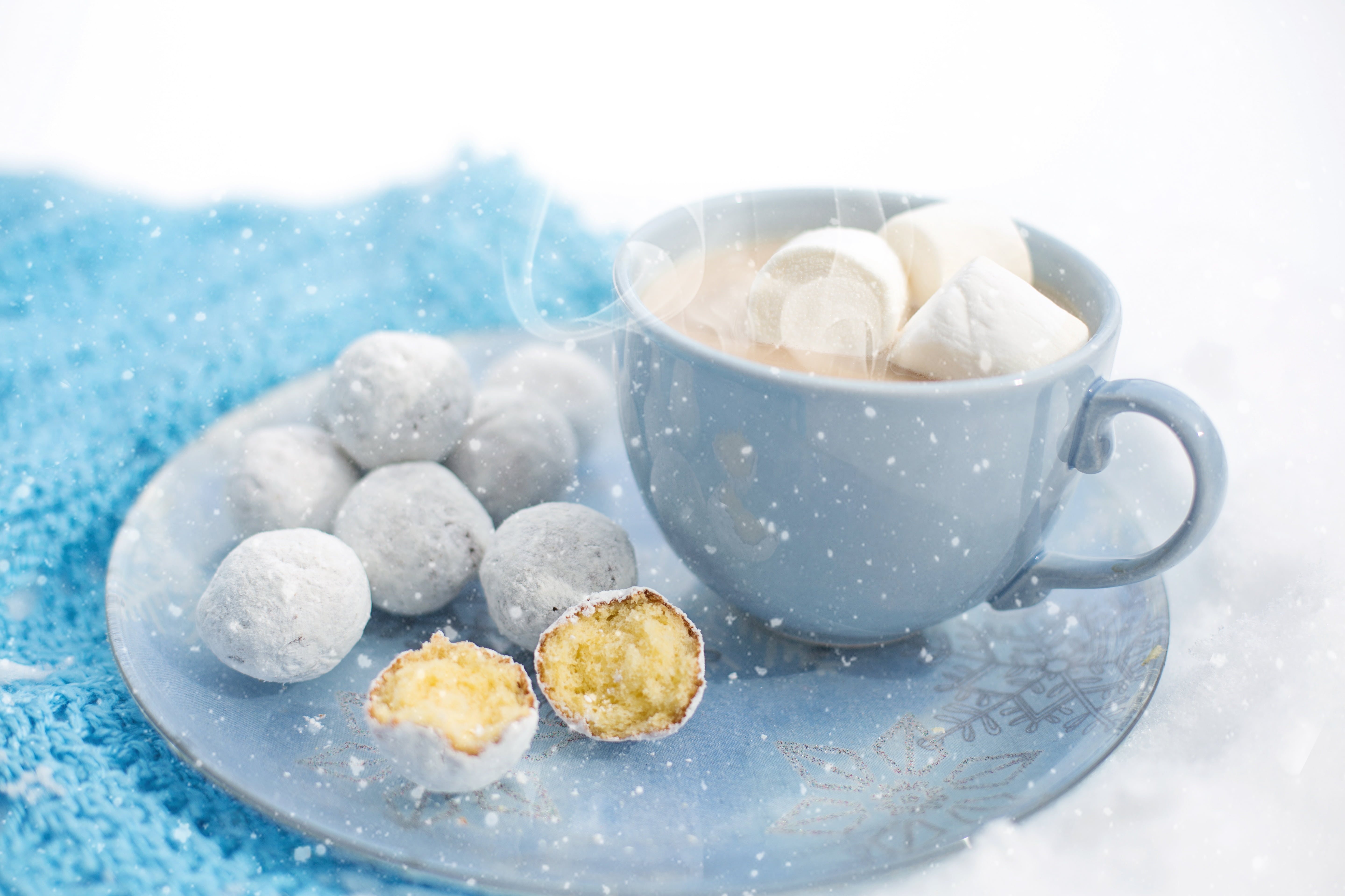 crockery, round, donut holes, doughnut holes, warm, cozy, mug, tasty, food, hot chocolate, hot cocoa, powdered sugar, indoors, sugar, freshness, blue, delicious, HD Wallpaper