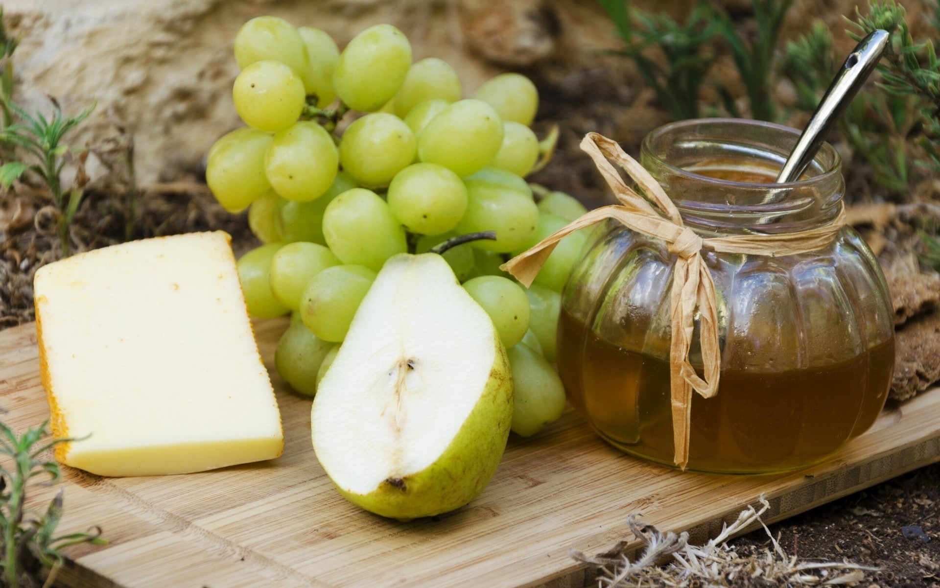 honey, grapes, pears, food, cheese, 1080P, HD Wallpaper