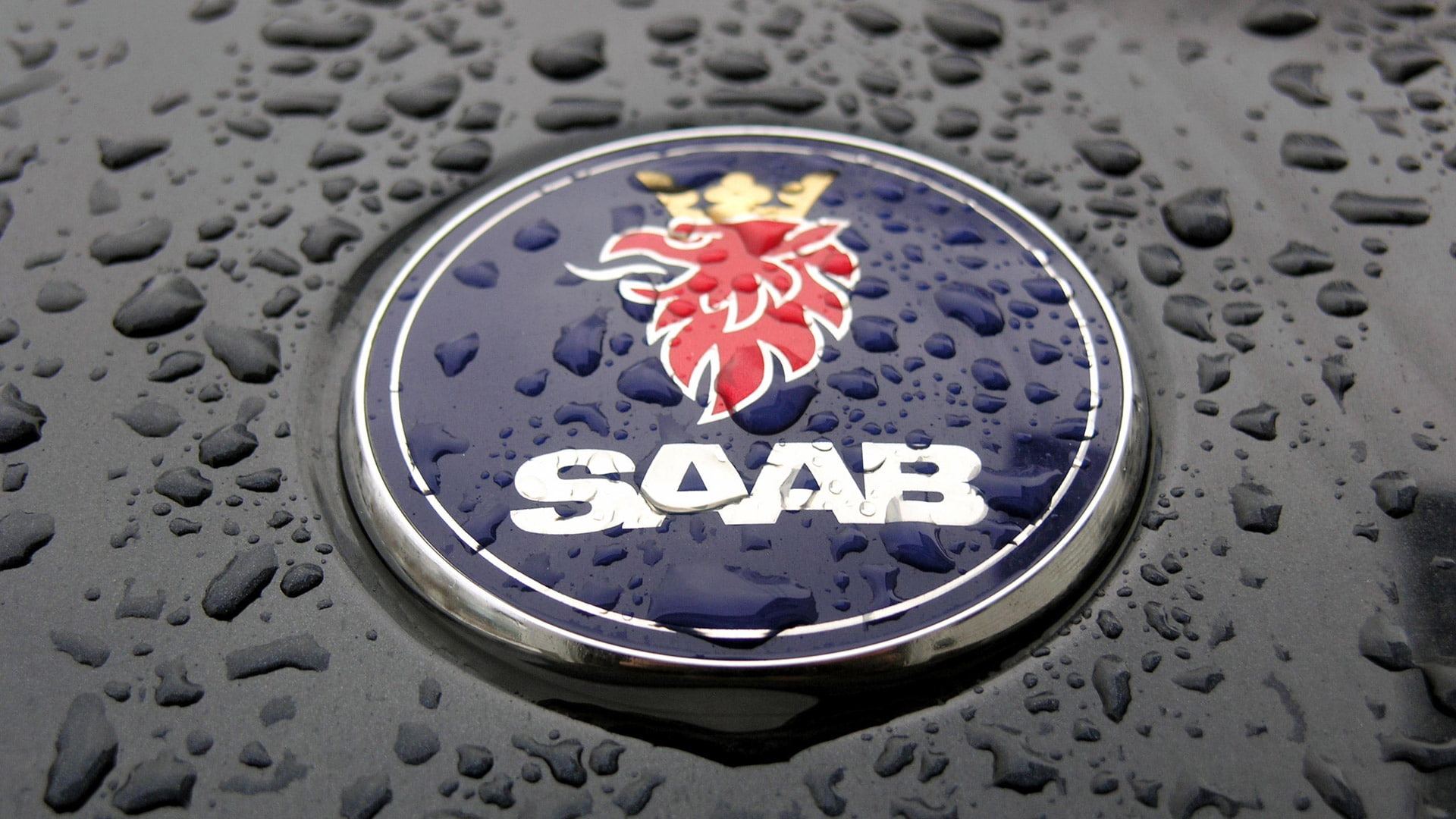 raindrops, black, red, logo, swedish, saab, blue, rain, lion, shiny, hd, wet, 1080P, HD Wallpaper