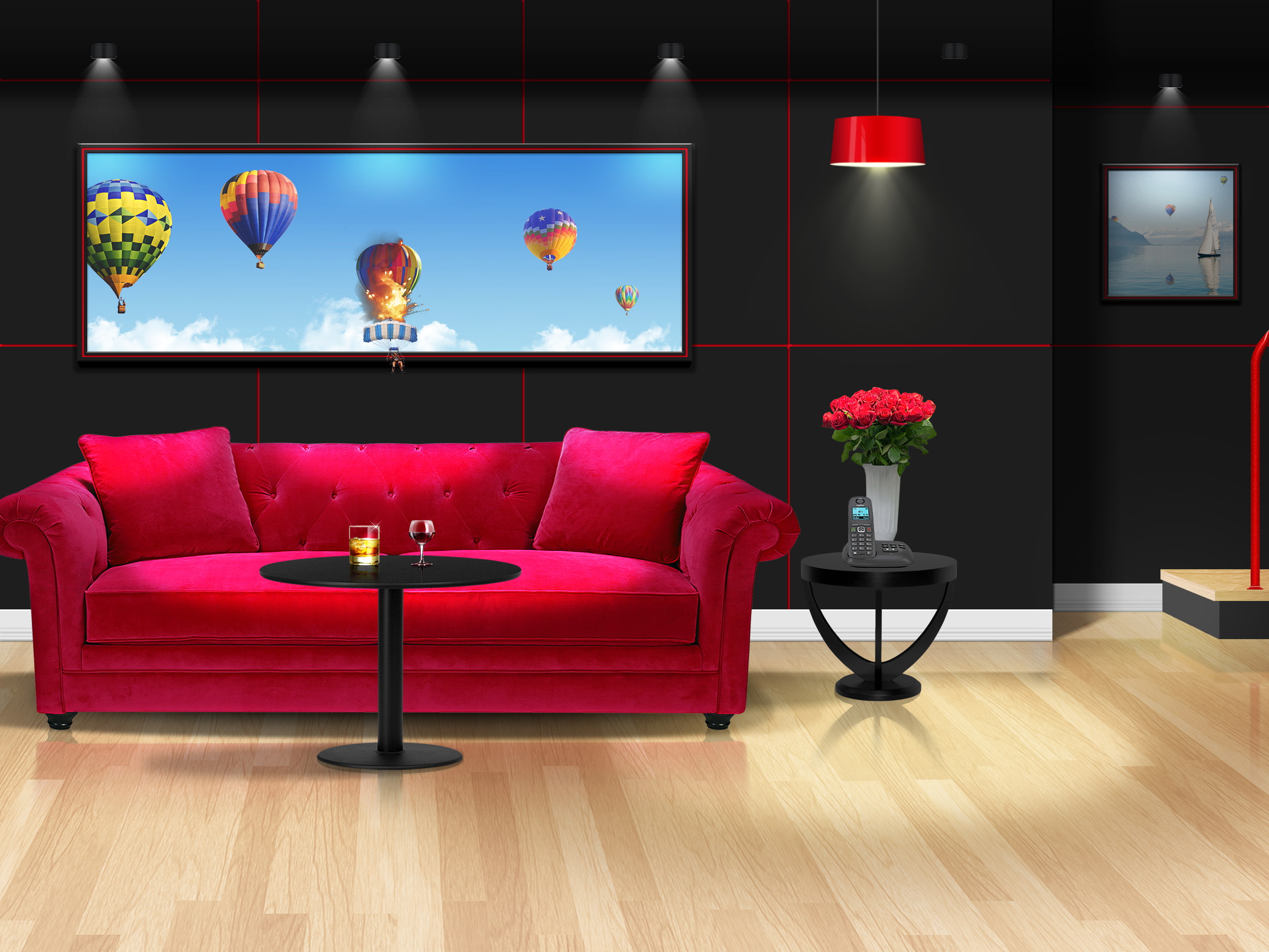 picture frames, hot air balloons, interior, 2K, couch, table, room, HD Wallpaper