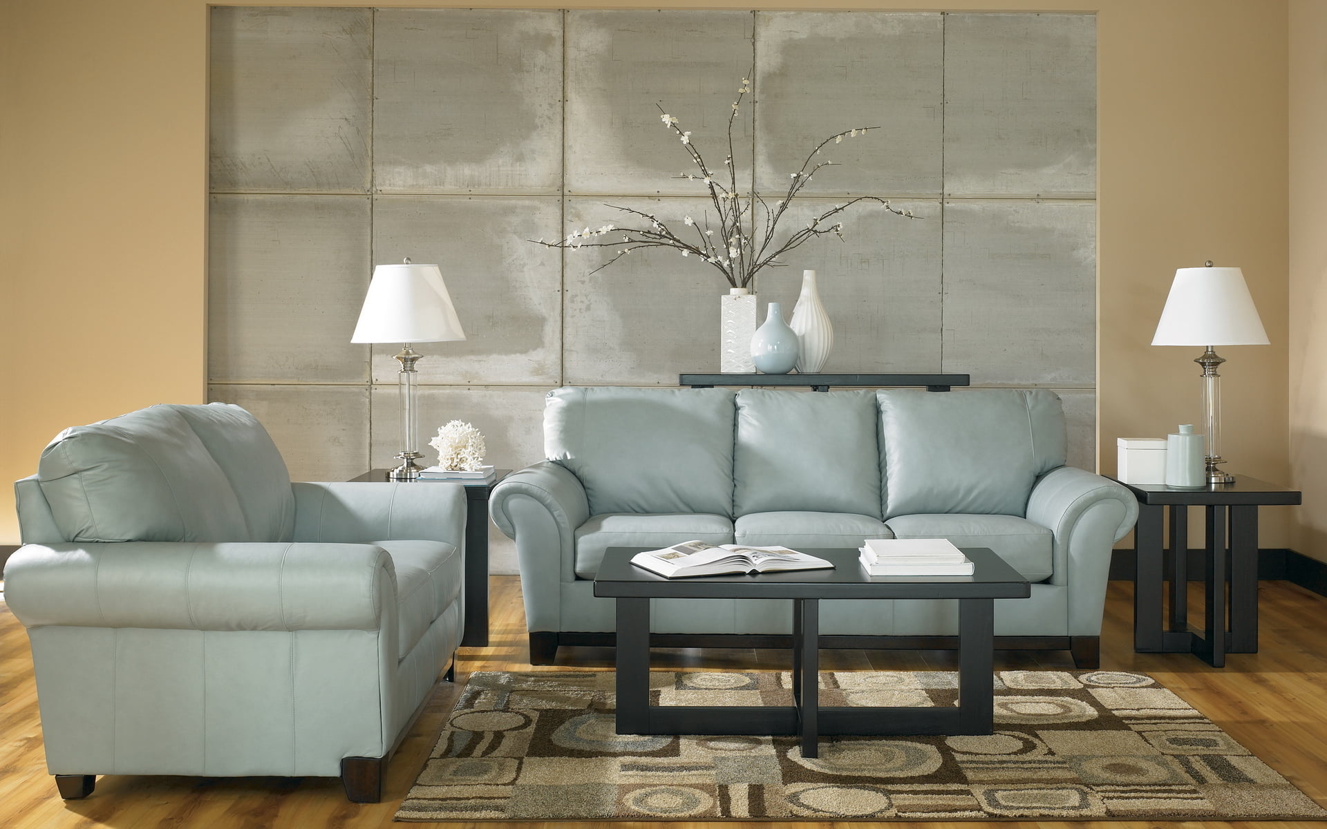no People, lifestyles, lighting equipment, plant, elegance, sofa, coffee, decor, seat, flooring, set, living Room, pillow, blue, domestic Room, home Interior, HD Wallpaper