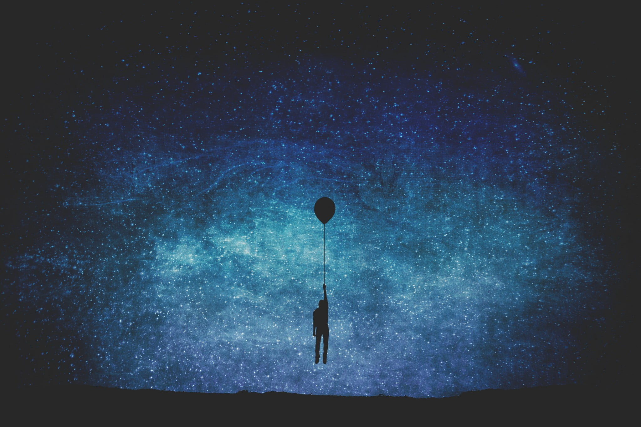 men, standing, sky, star field, balloon, minimalism, real people, astronomy, land, one person, galaxy, 1080P, night, star, space, holding, person, beauty in nature, HD Wallpaper