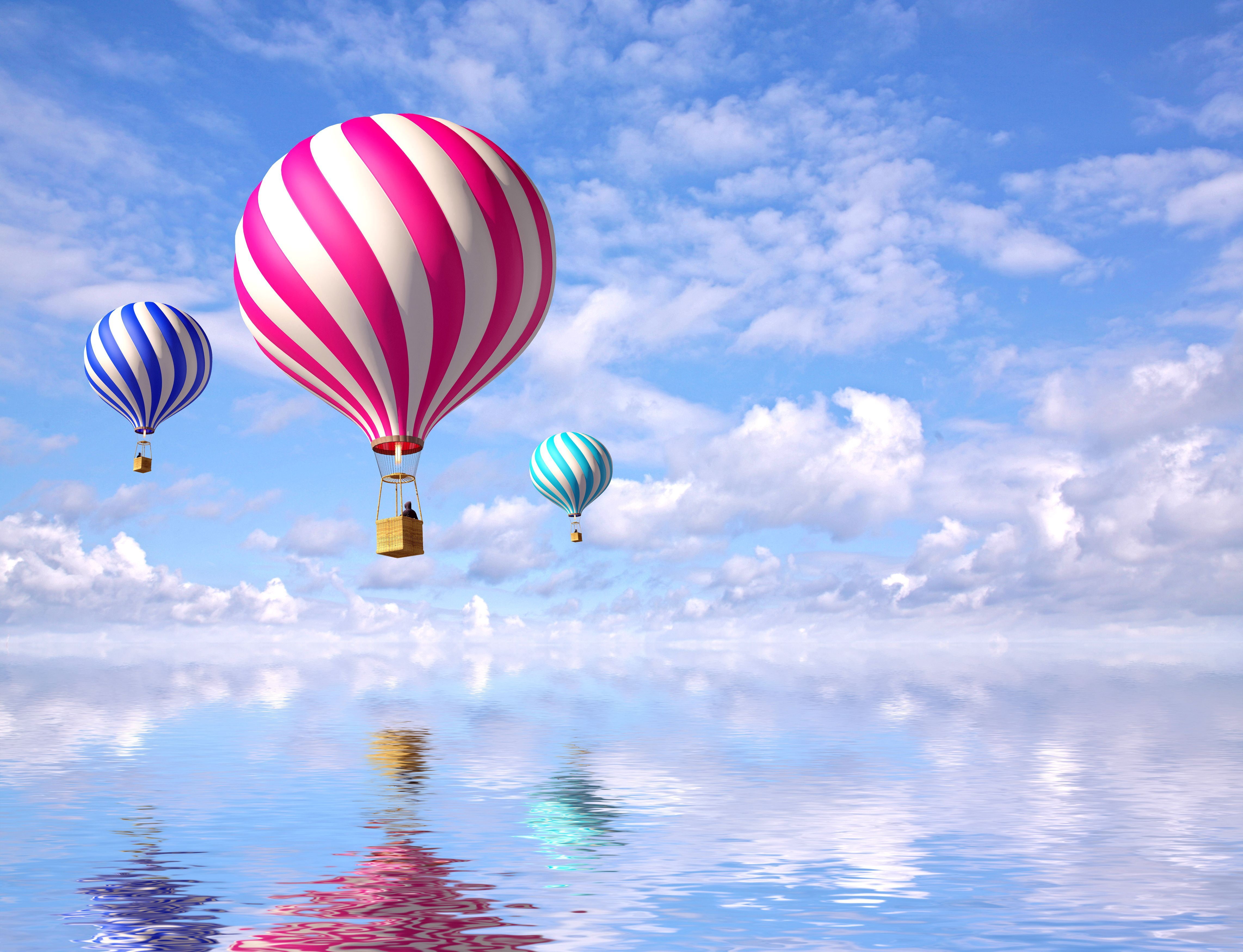 balloons, 4K, teal, Colorful, Reflections, Hot air balloons, 4K, pink, blue, Clouds, three, air, HD Wallpaper
