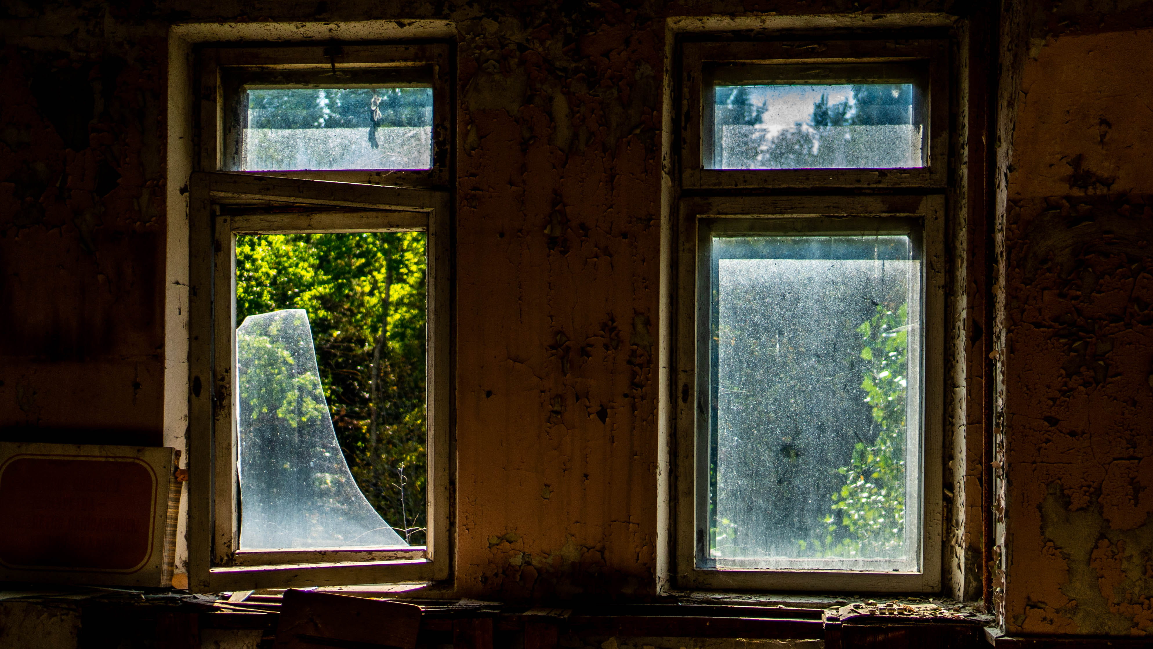 deterioration, window, brick, glass, transparent, chornobyl, architecture, tree, 4K, indoors, ornament, obsolete, abandoned, built structure, plant, run-down, HD Wallpaper