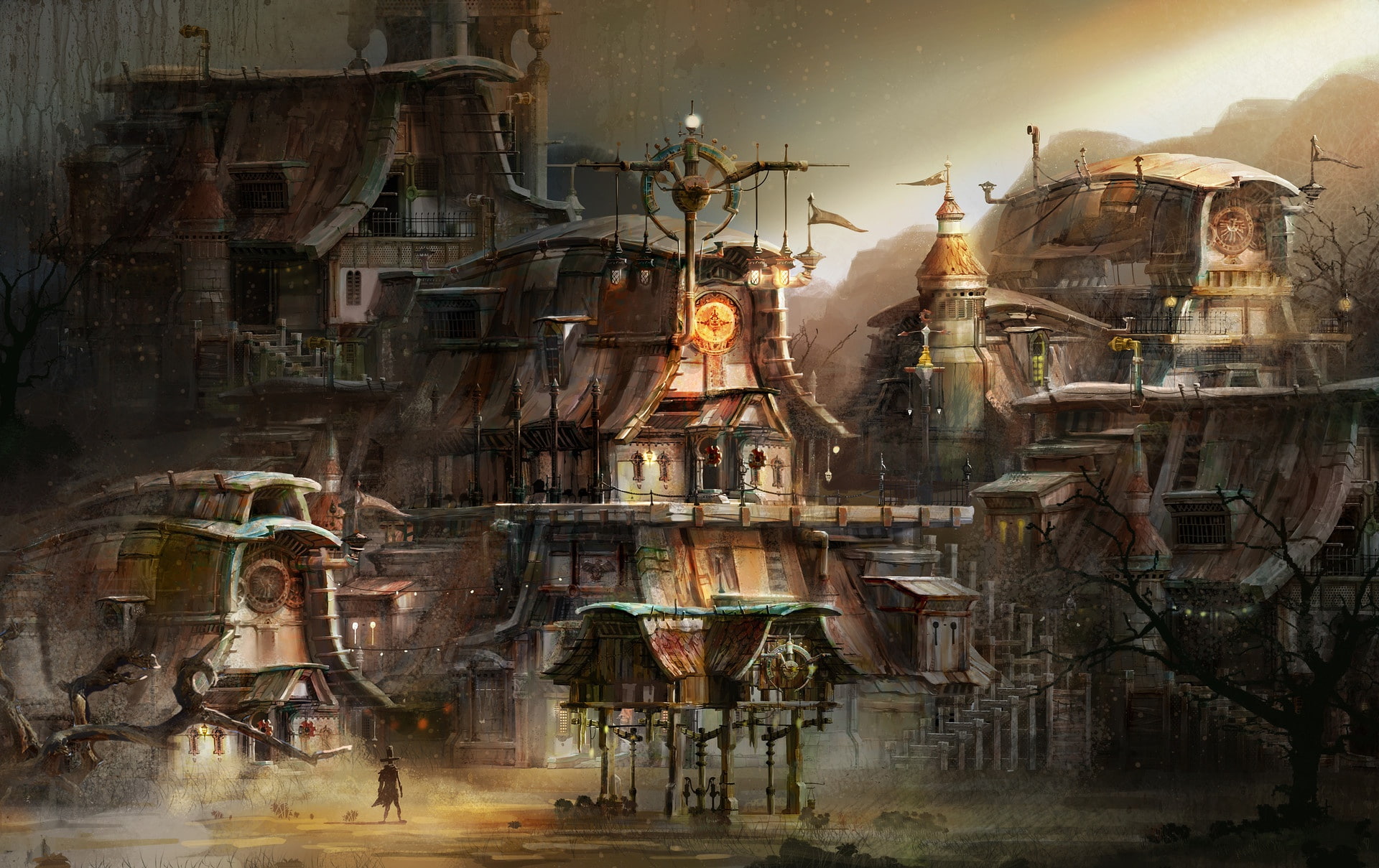 buildings, home, mountains, piling up, steam punk town concept, 1080P, HD Wallpaper