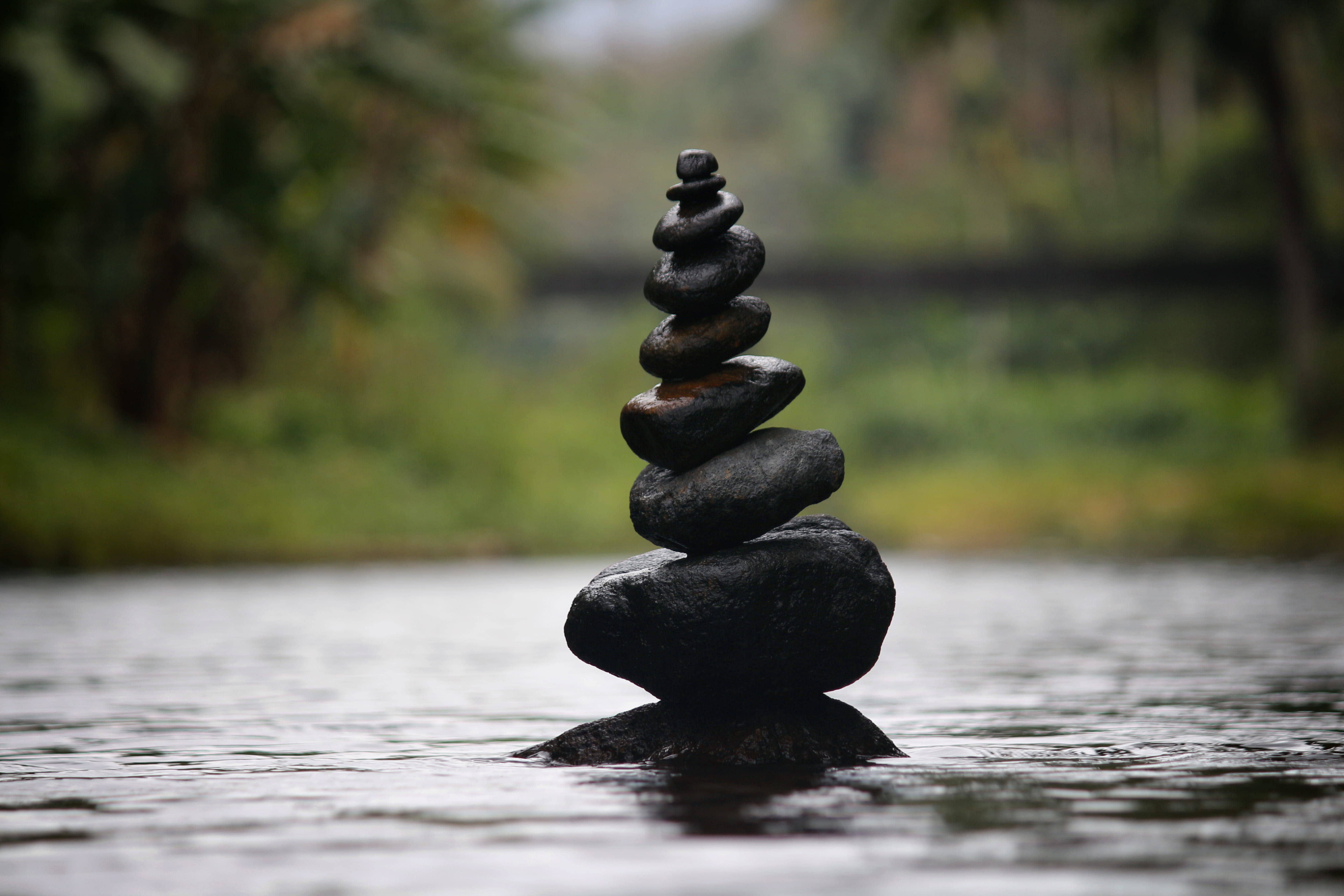 black color, calm, outdoors, focus on foreground, lake, stone - object, solid, close-up, selective focus, water, tranquility, amazing, green, stack, landscape, HD Wallpaper