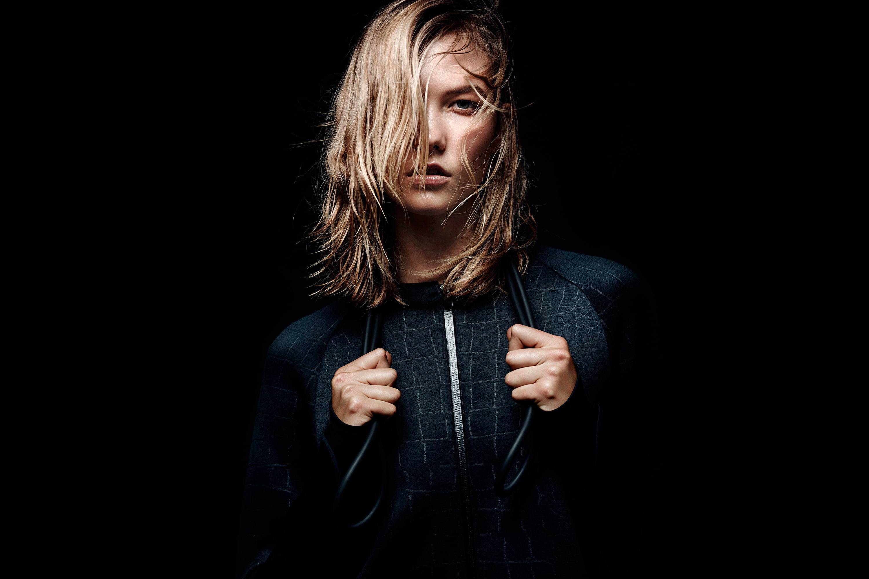 adult, women, one person, brand, 2K, Nike, spring summer 2015, copy space, young adult, jacket, front view, beautiful woman, zip, black background, standing, HD Wallpaper