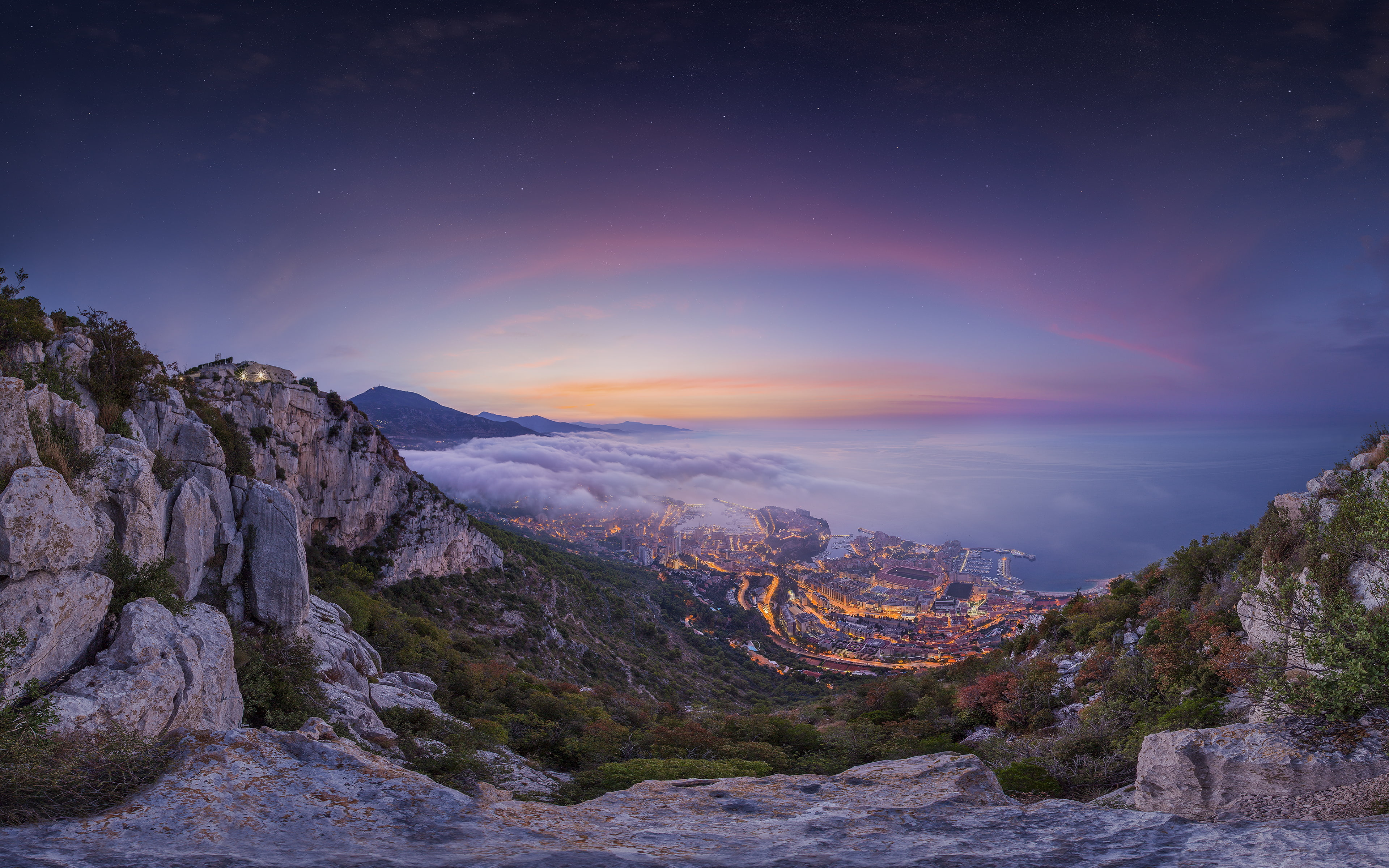 purple, ocean, summer, blue, citylights, photography, clouds, long‑exposure, water, mountains, principalityofmonaco, dawn, sunrise, cityscape, landscape, HD Wallpaper