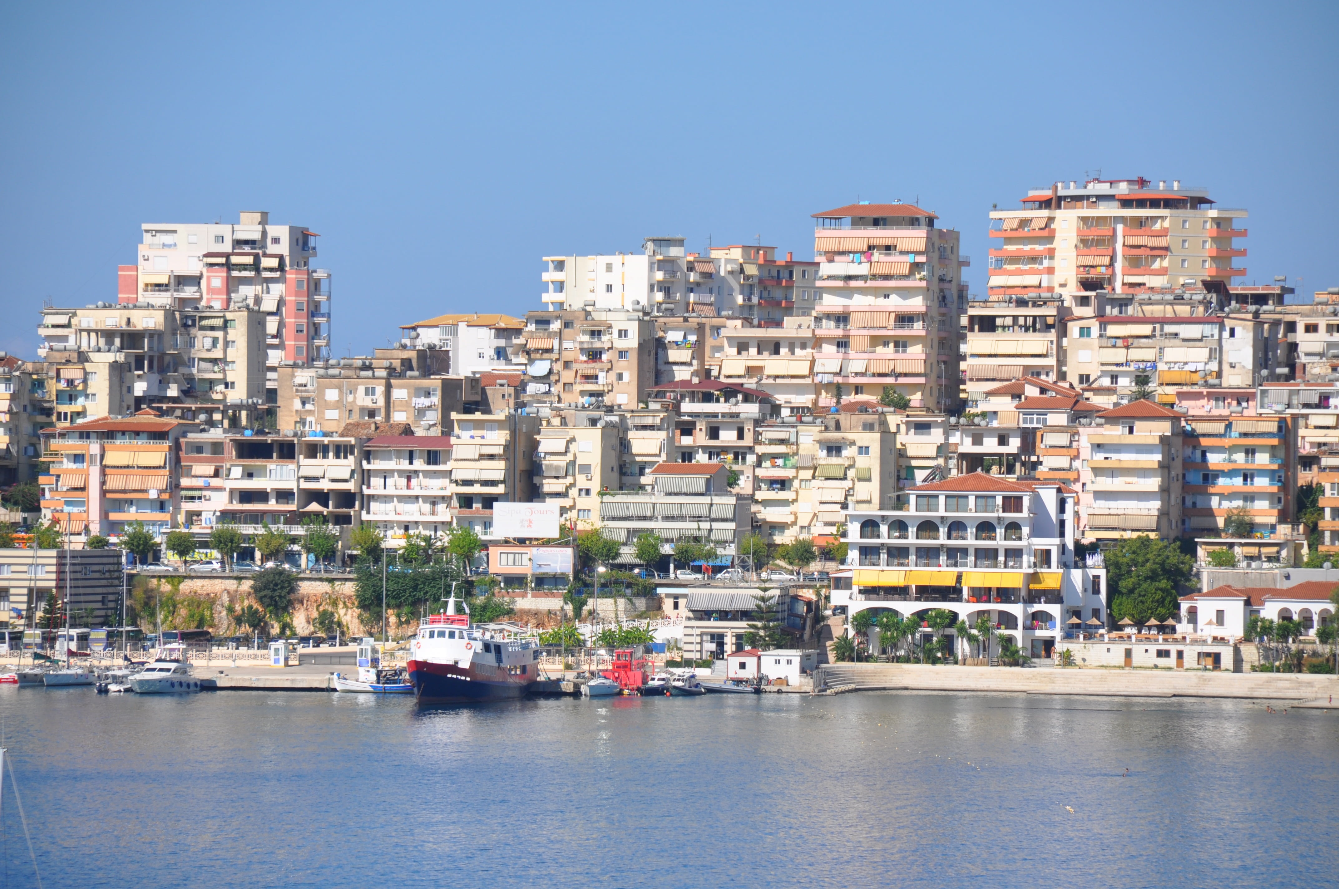 transportation, building, outdoors, harbor, sea, summer, sarande, built structure, seaside, 4K, residential district, water, building exterior, outdoor, HD Wallpaper