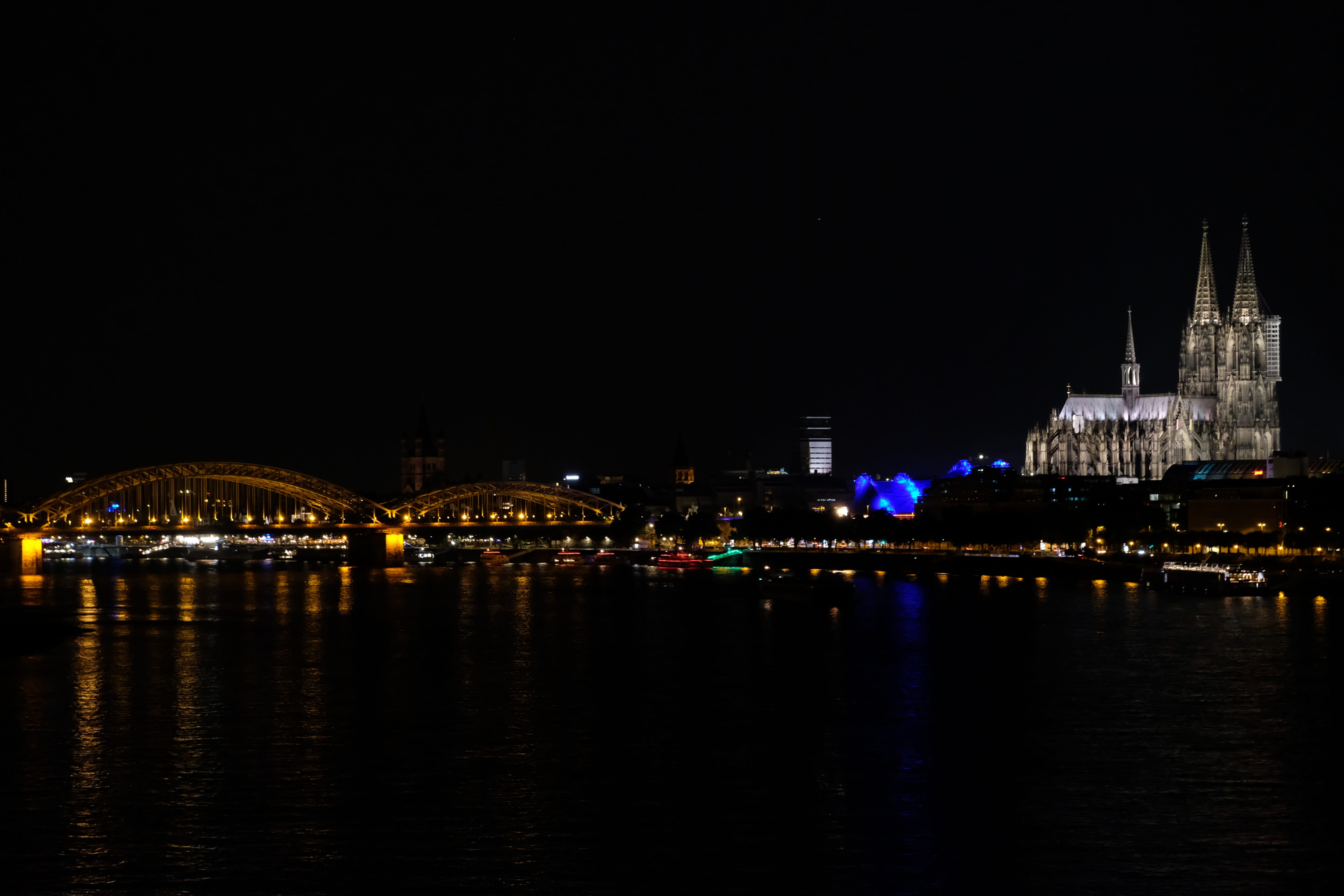 light, night mood, travel destinations, germany, Hohenzollern Bridge, arch bridge, rhine, church, places of interest, lights, reflection, building exterior, HD Wallpaper