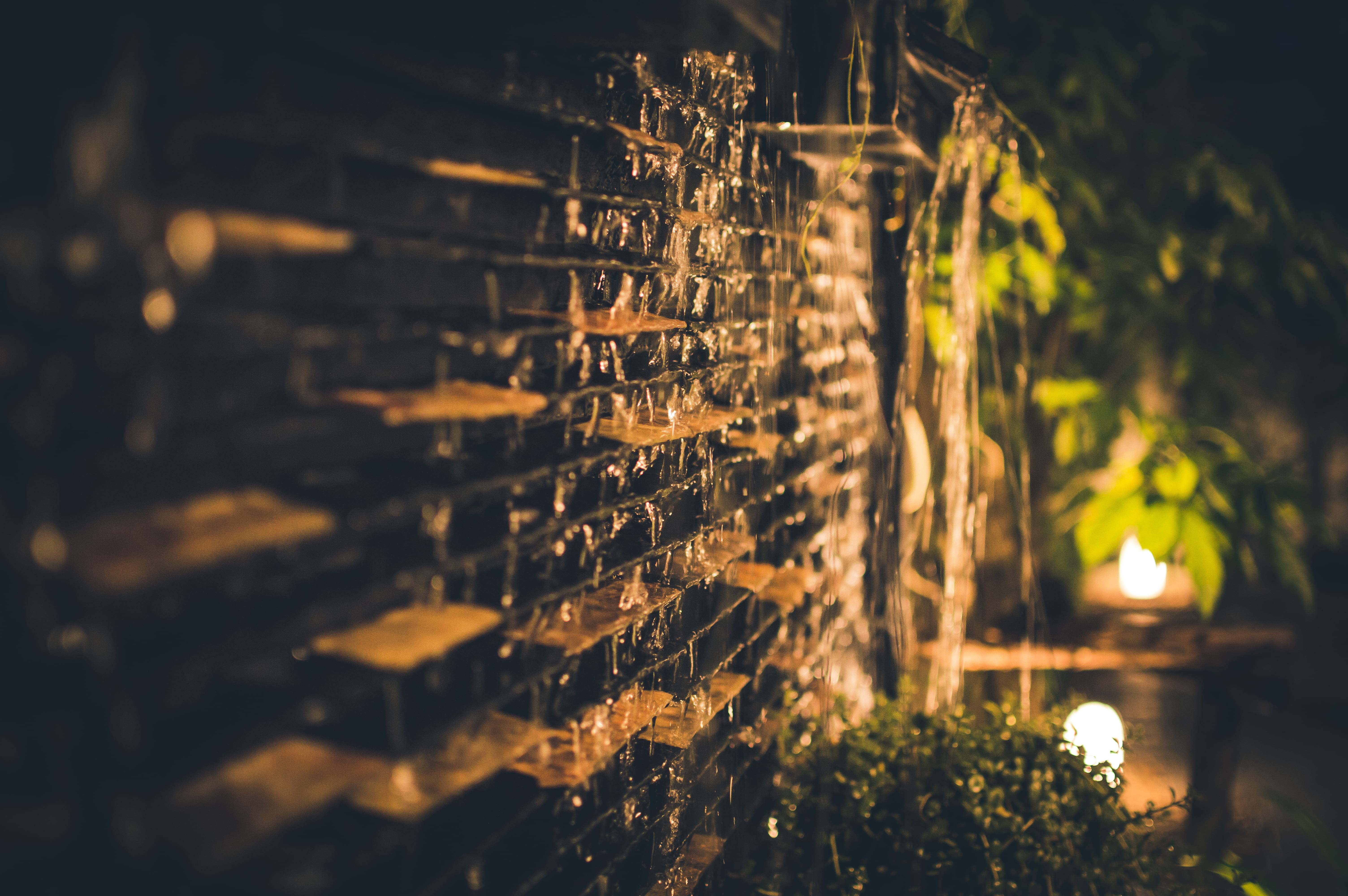 selective, art, color, blur, focus on foreground, nighttime, close-up, garden, abundance, brick, architecture, design, waterfall, illuminated, light, winemaking, HD Wallpaper