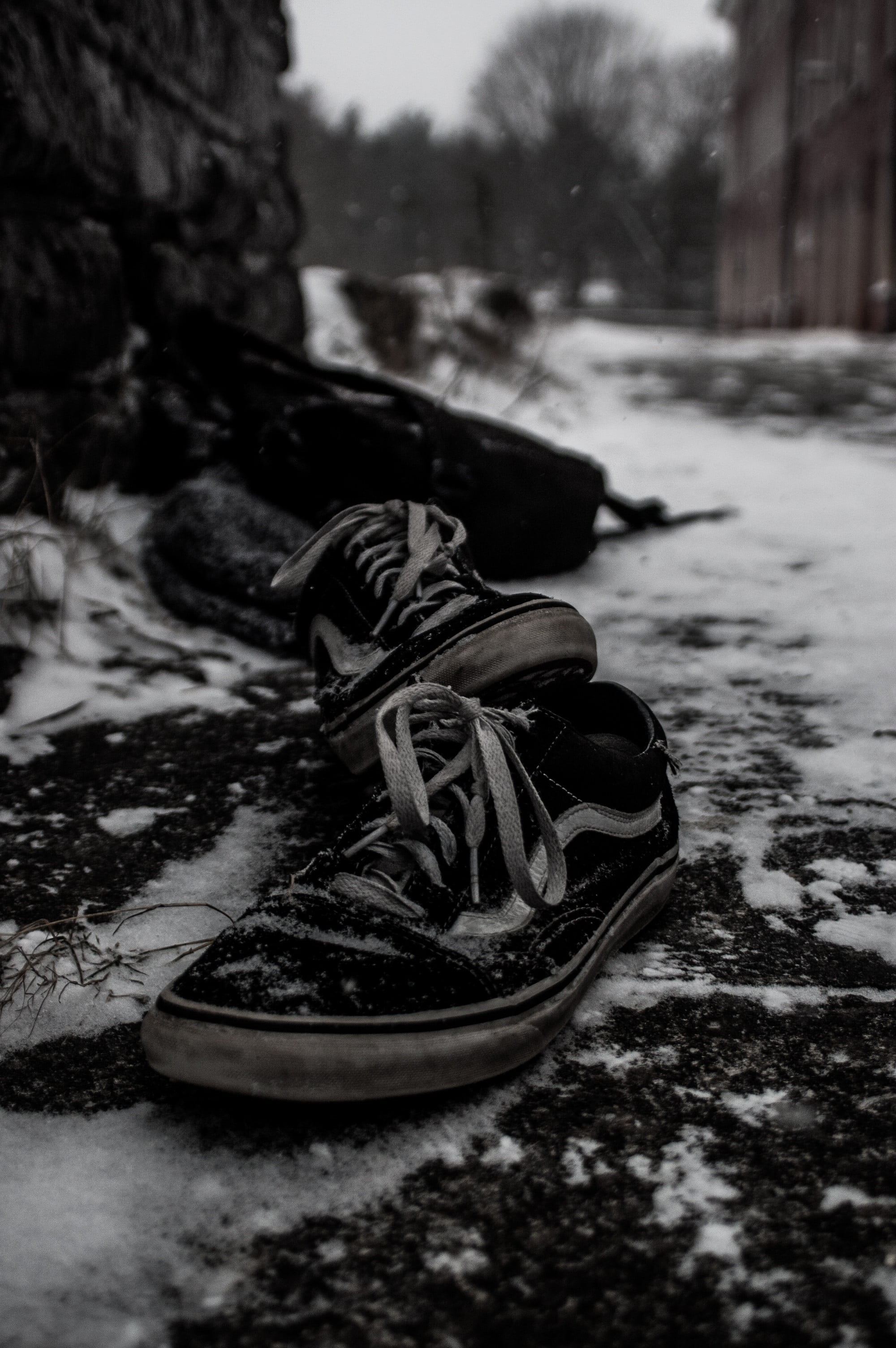 abandoned, rock - object, surface level, nature, focus on foreground, compatibility, absence, plant, winter, shoe, pair, land, outdoors, rock, 2K, solid, Phone HD Wallpaper