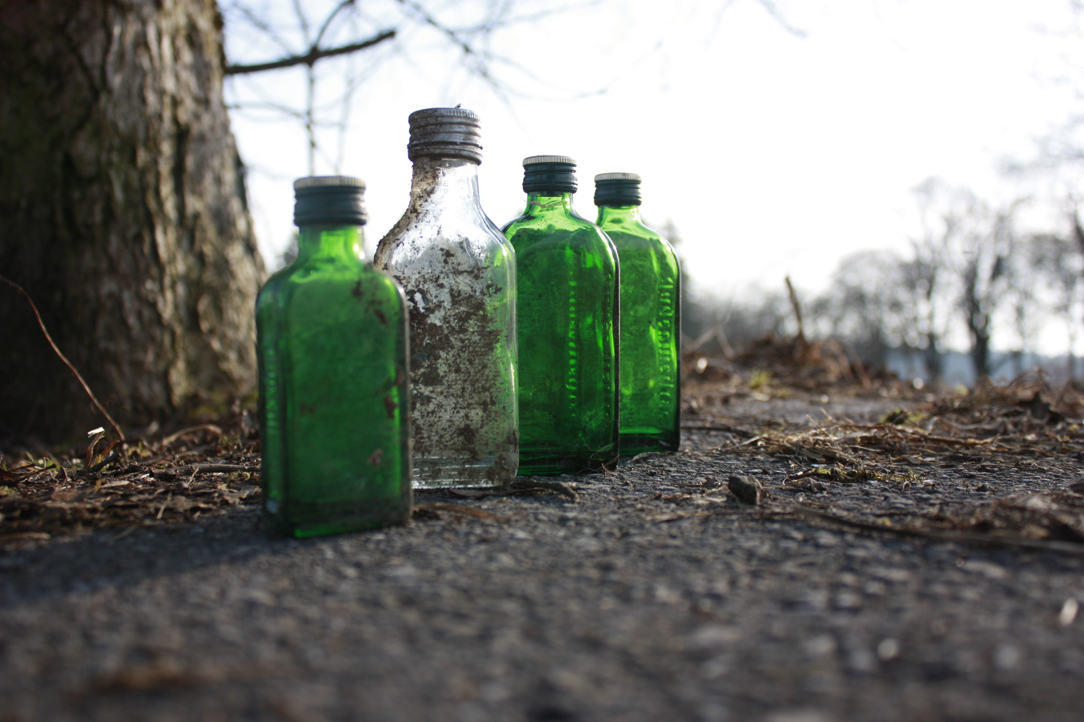 ground, green, bottles, 4K, depth of field, dirt, HD Wallpaper