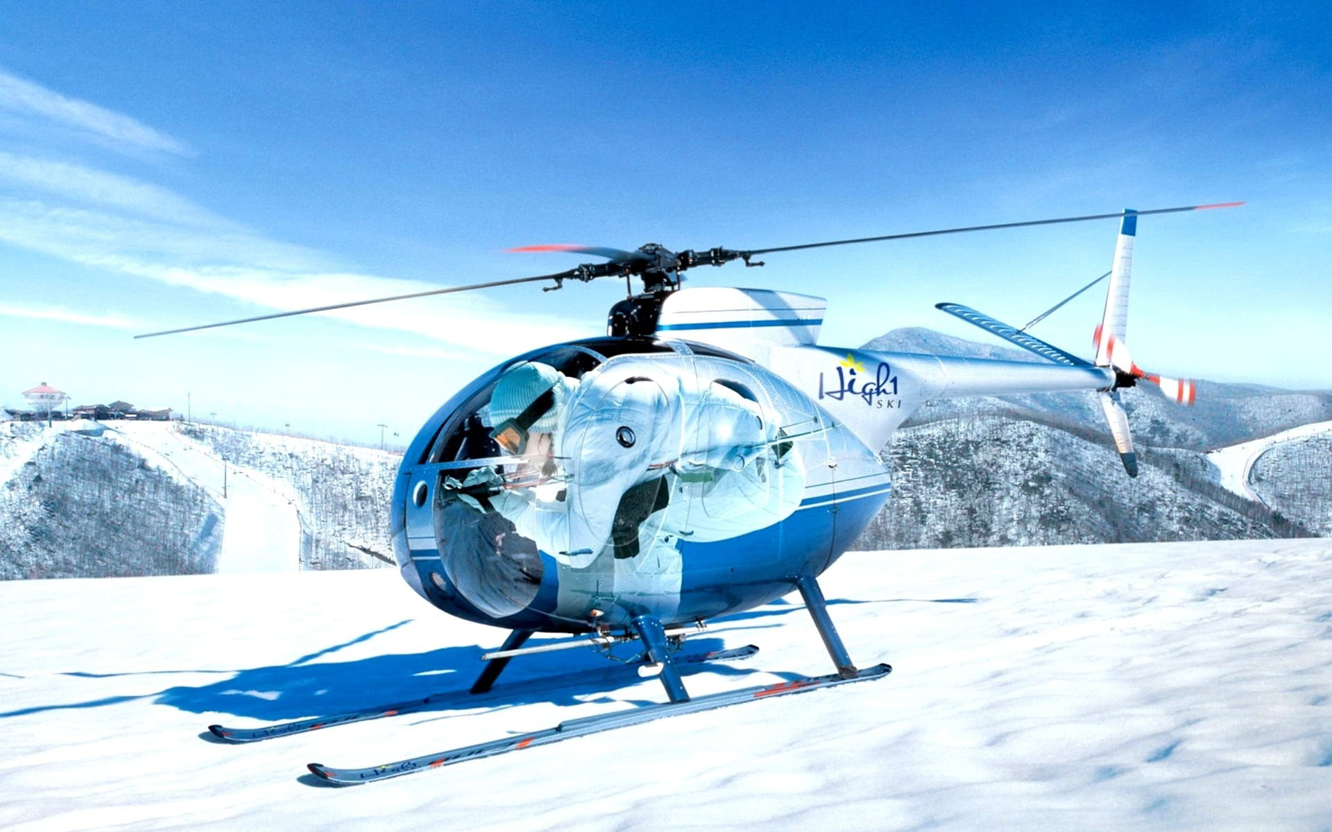 blue, sky, machinery, nature, transportation, no people, helicopter, spinner, 1080P, outdoors, ski resort, travel, field, cold temperature, covering, mode of transportation, HD Wallpaper