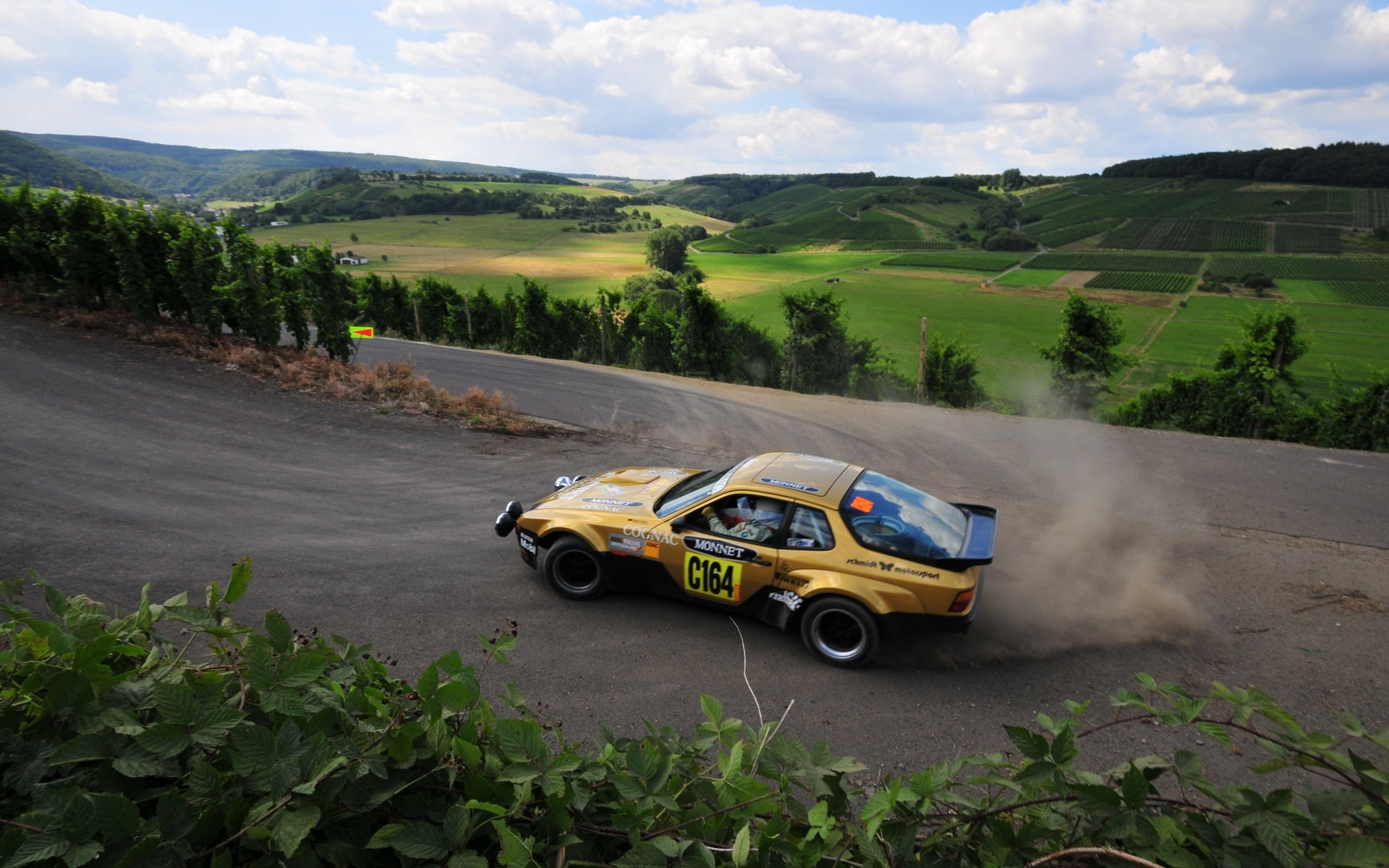yellow, plant, 1080P, coupe, non-urban scene, tree, green color, cloud - sky, nature, sky, Drift, motor vehicle, Porsche 944, land vehicle, day, growth, HD Wallpaper