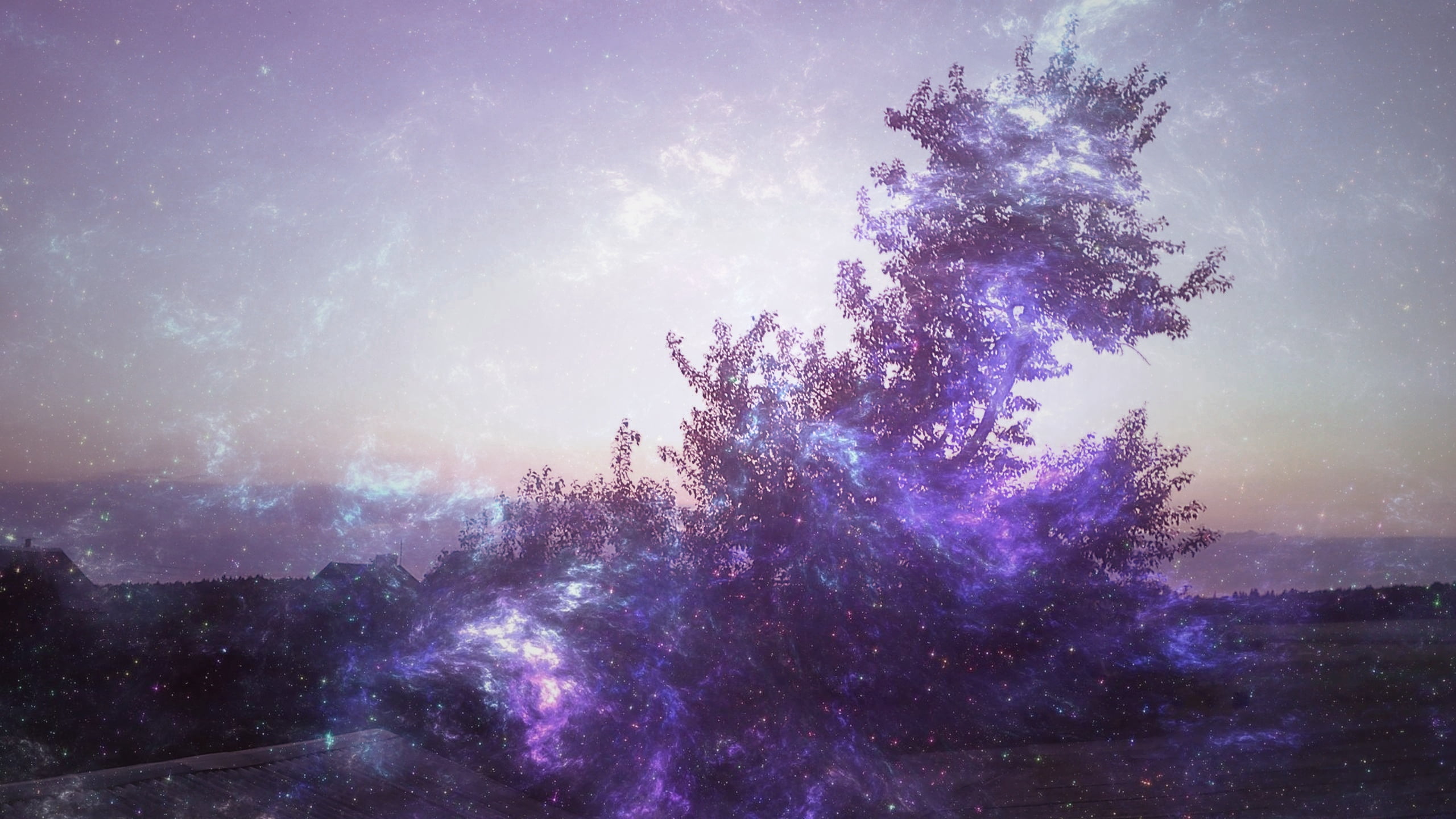 illustration, night, science, galaxy, scenics, spot, backgrounds, purple, black, blue, dark, forest, fantasy, tree, land, milky Way, astronomy, bright, HD Wallpaper
