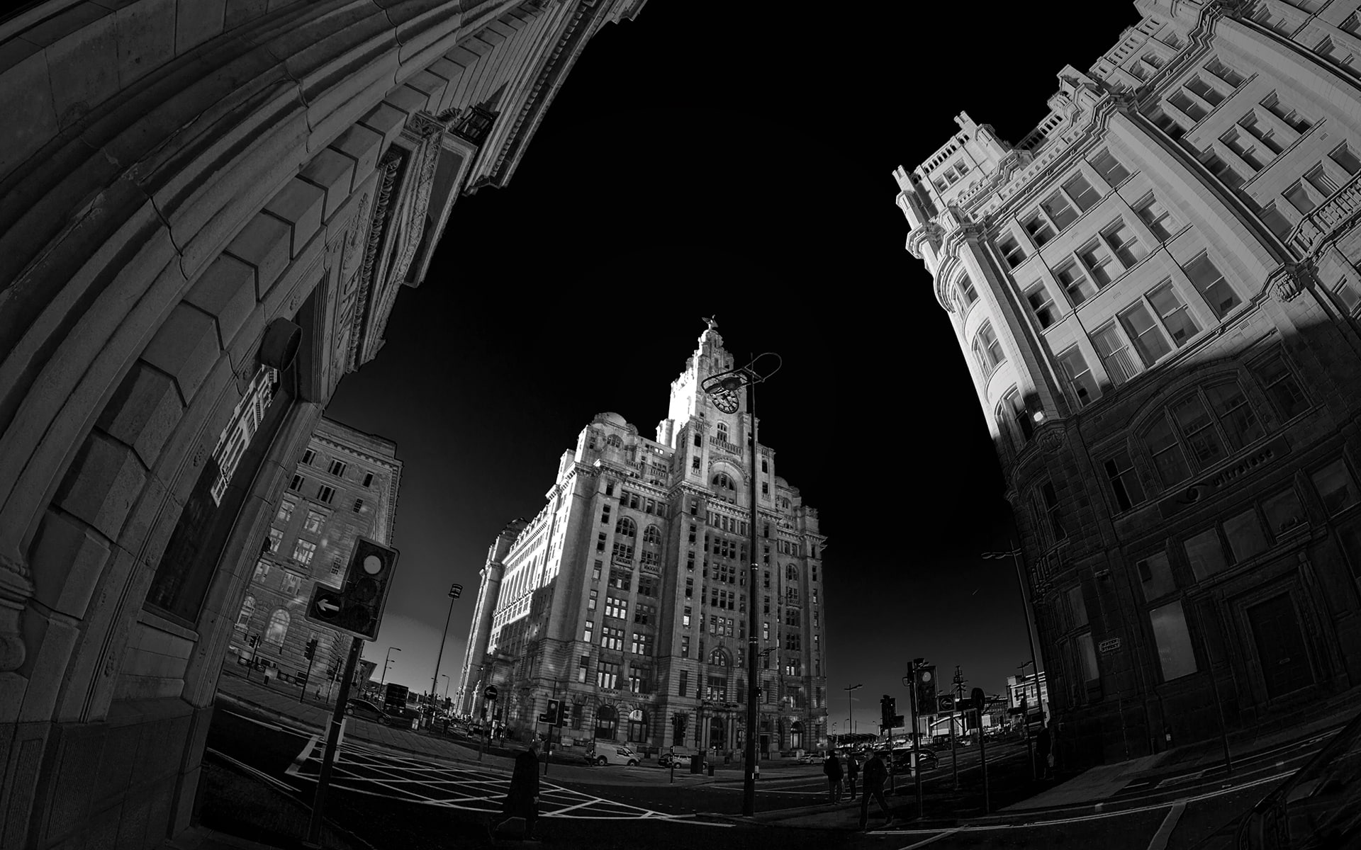 high, building, rise, black, street, effect, buildings, white, photo, fisheye, bw, cityscape, hd, fish, 1080P, eye, HD Wallpaper