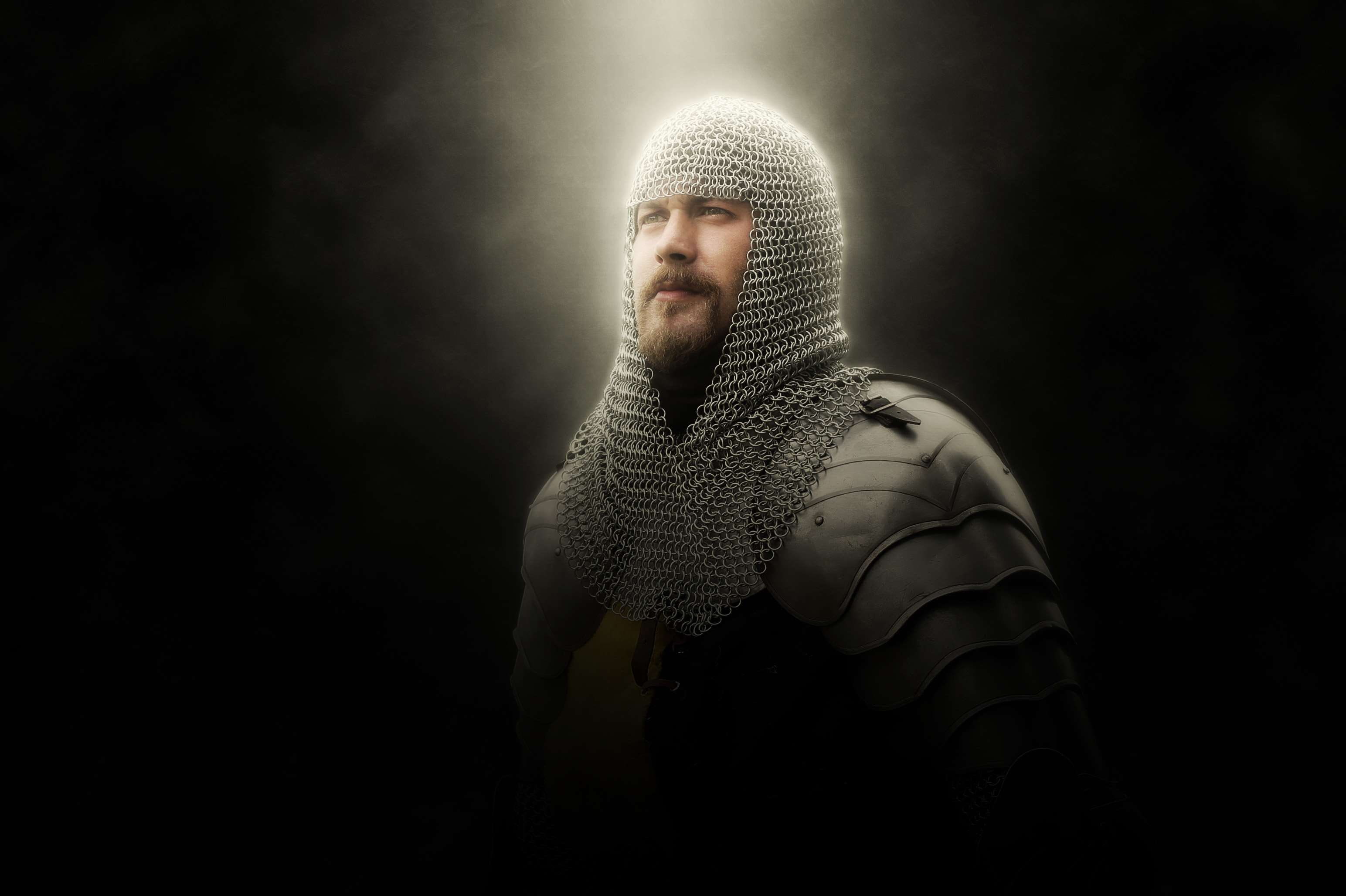 sadness, 2K, fear, illuminated, spotlight, human body part, one person, chainmail, body part, ray of light, studio shot, particles, human face, man, historically, HD Wallpaper
