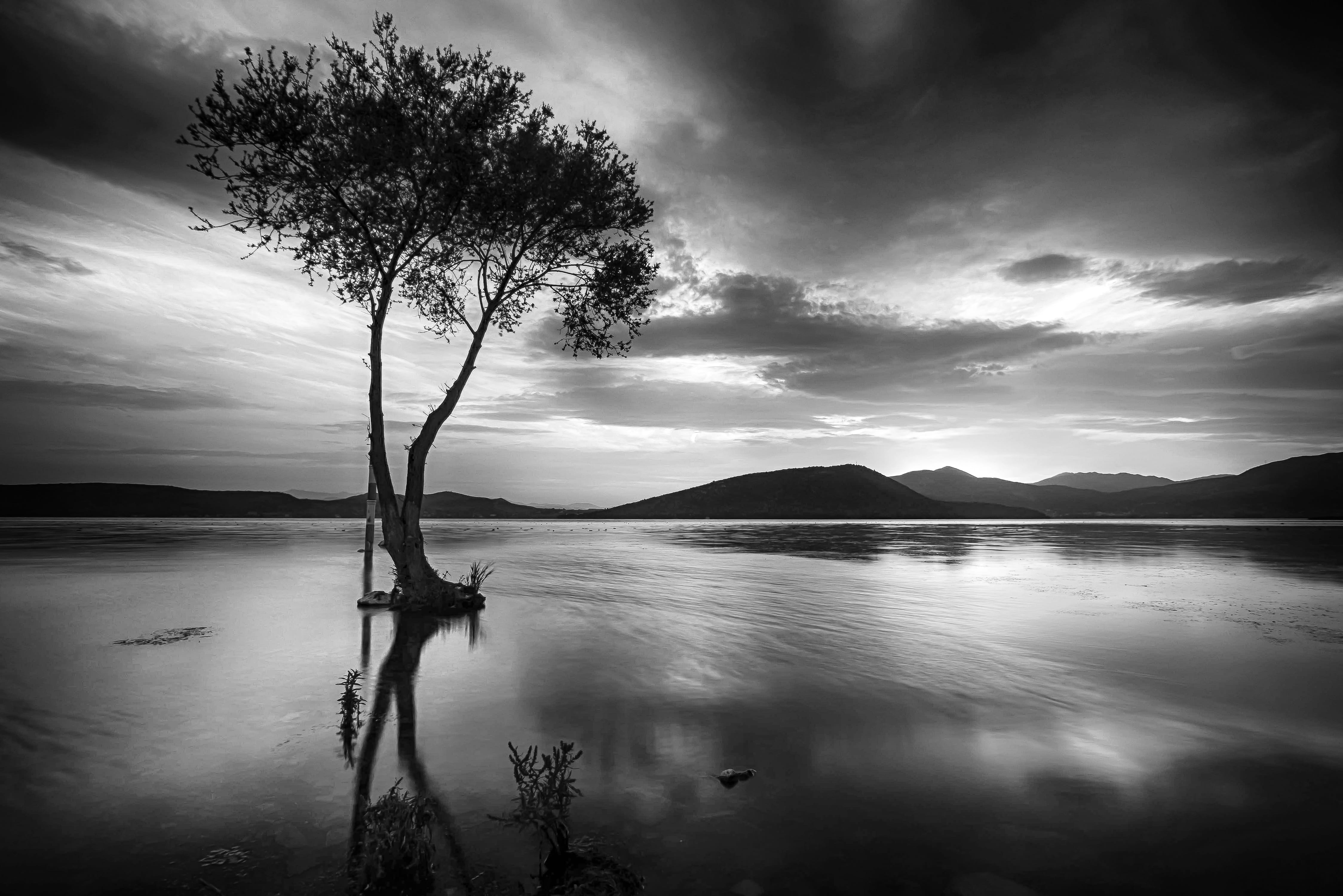 silhouette, cloud - sky, land, reflection, non-urban scene, no people, mountain, sky, white, summer, nature, kastoria, lake, idyllic, tranquil scene, plant, HD Wallpaper