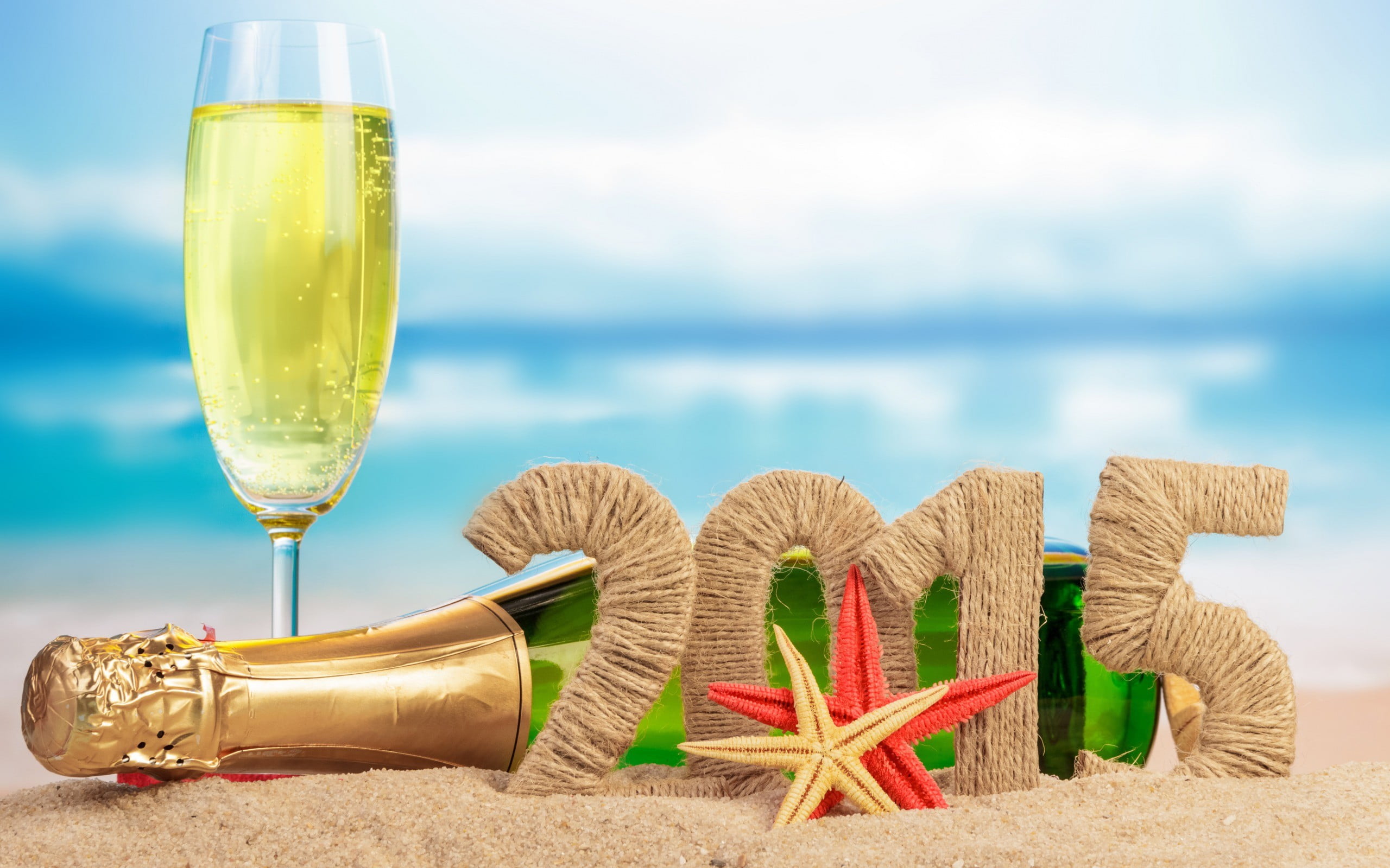 beach, 2K, relaxation, trip, tranquil scene, starfish, outdoors, food and drink, holiday, luxury, champagne, bottles, 2015, drink, nature, container, water, HD Wallpaper
