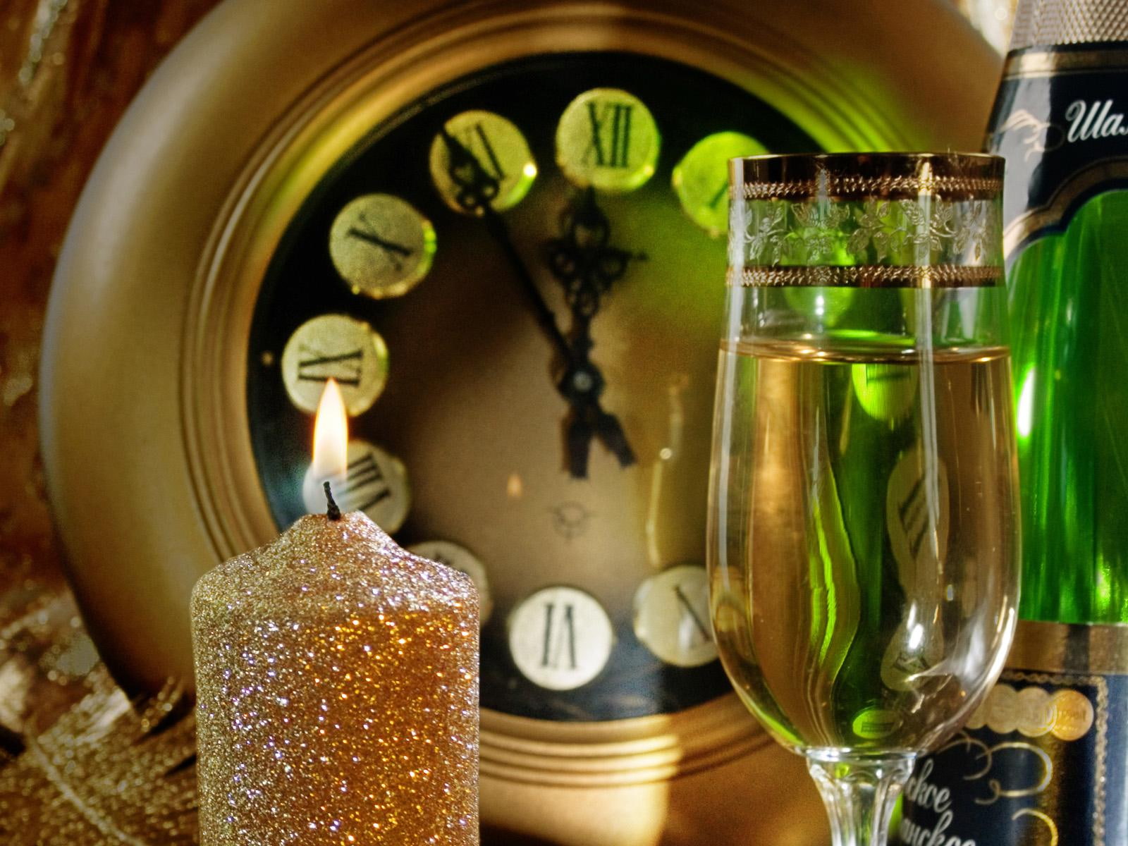 year, christmas, candle, champagne, wine, new, glass, hours, 720P, candles, fire, pillar, new year, HD Wallpaper