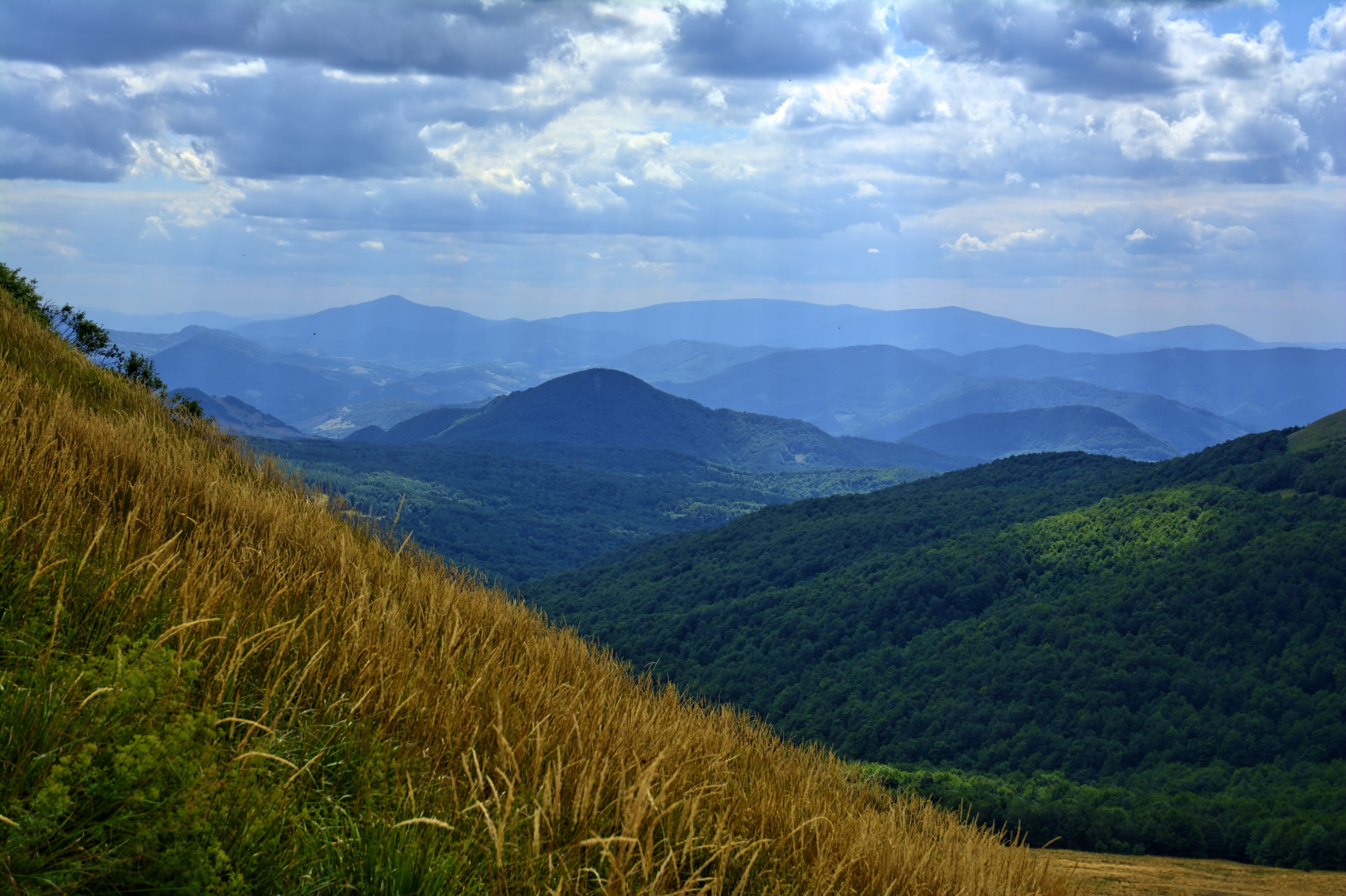 green, blue, tarnica, panorama, sky, idyllic, land, colors, green color, the horizon, no people, view, environment, the silence, trail, poland, holiday, HD Wallpaper