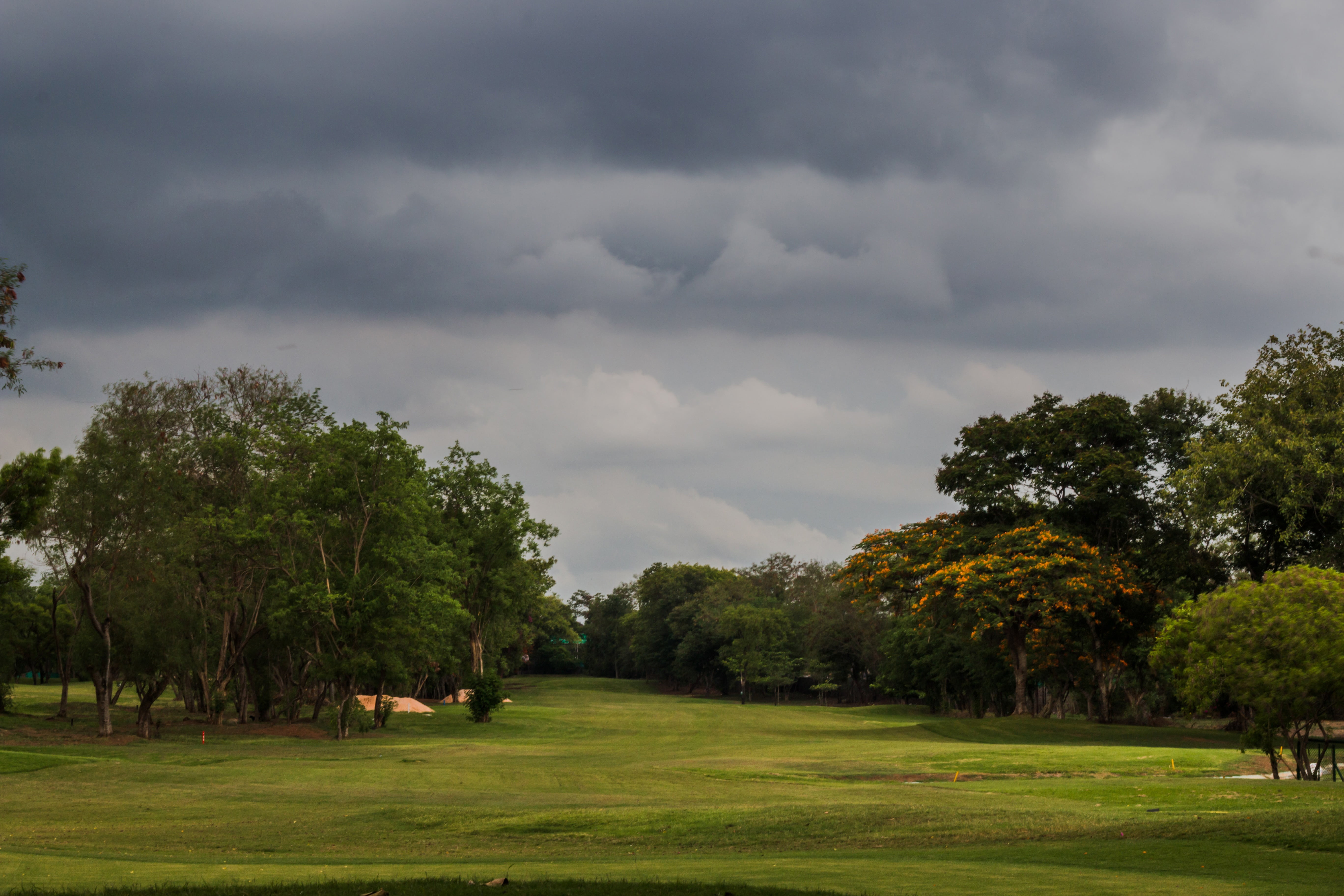 sky, field, no people, clouds, activity, golf, 5K, scenic, outdoor, landscape, equipment, leisure, green color, plant, summer, golf course, recreation, HD Wallpaper