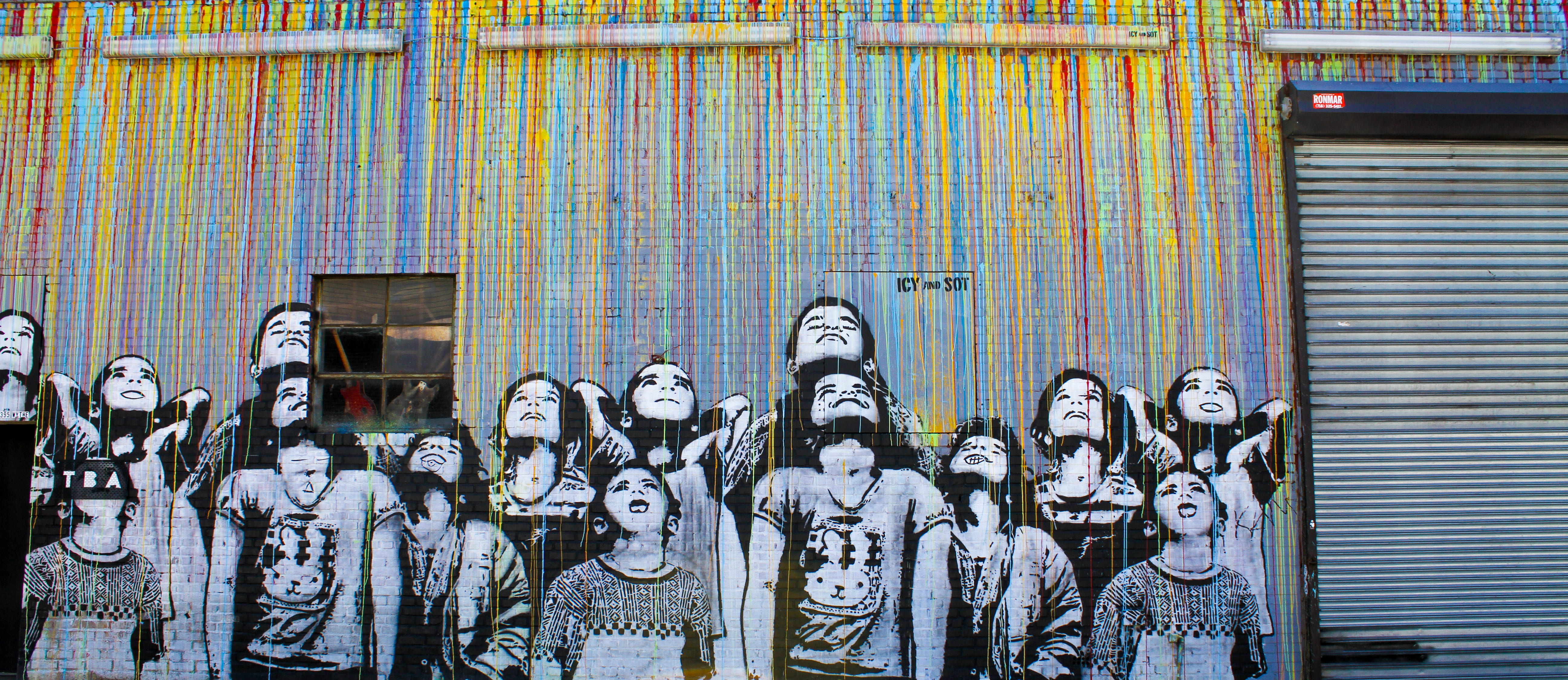 human representation, female likeness, building, black, bushwich, white, craft, icyandsot, rainbow, children, day, group, wall, creativity, built structure, HD Wallpaper