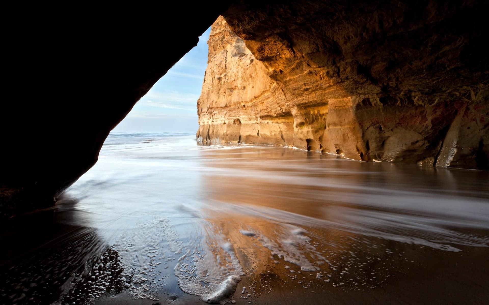 sunlight, 1080P, tide, nature and landscapes, cave, HD Wallpaper