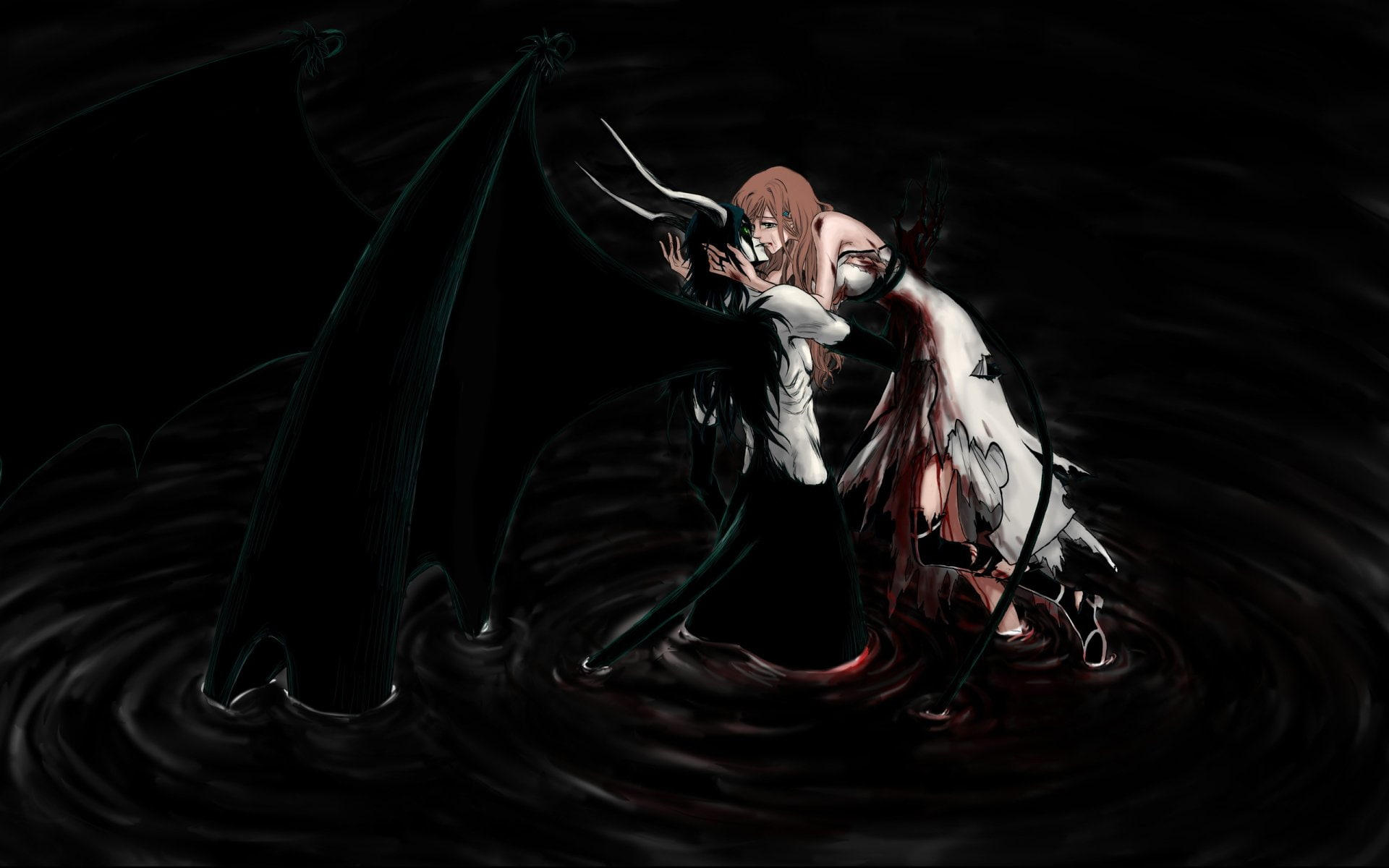 Ulquiorra Cifer, females, elegance, fashion, nature, studio shot, portrait, adult, beauty, indoors, black background, Orihime Inoue, 1080P, motion, full length, HD Wallpaper