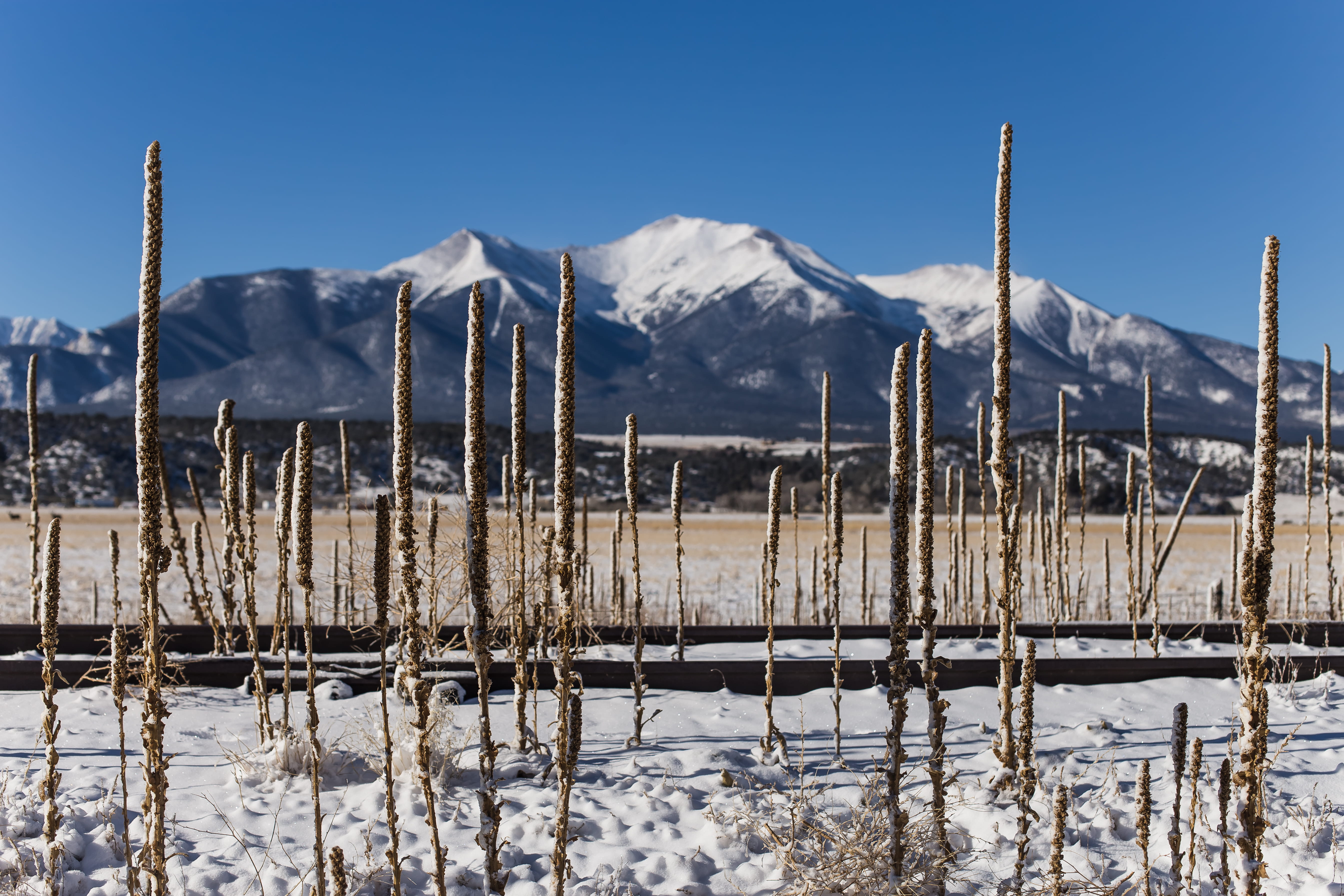 travel, landscape, snowcapped mountain, wooden post, non-urban scene, sky, beauty in nature, 5K, environment, snow, day, tranquility, buena vista, winter, HD Wallpaper