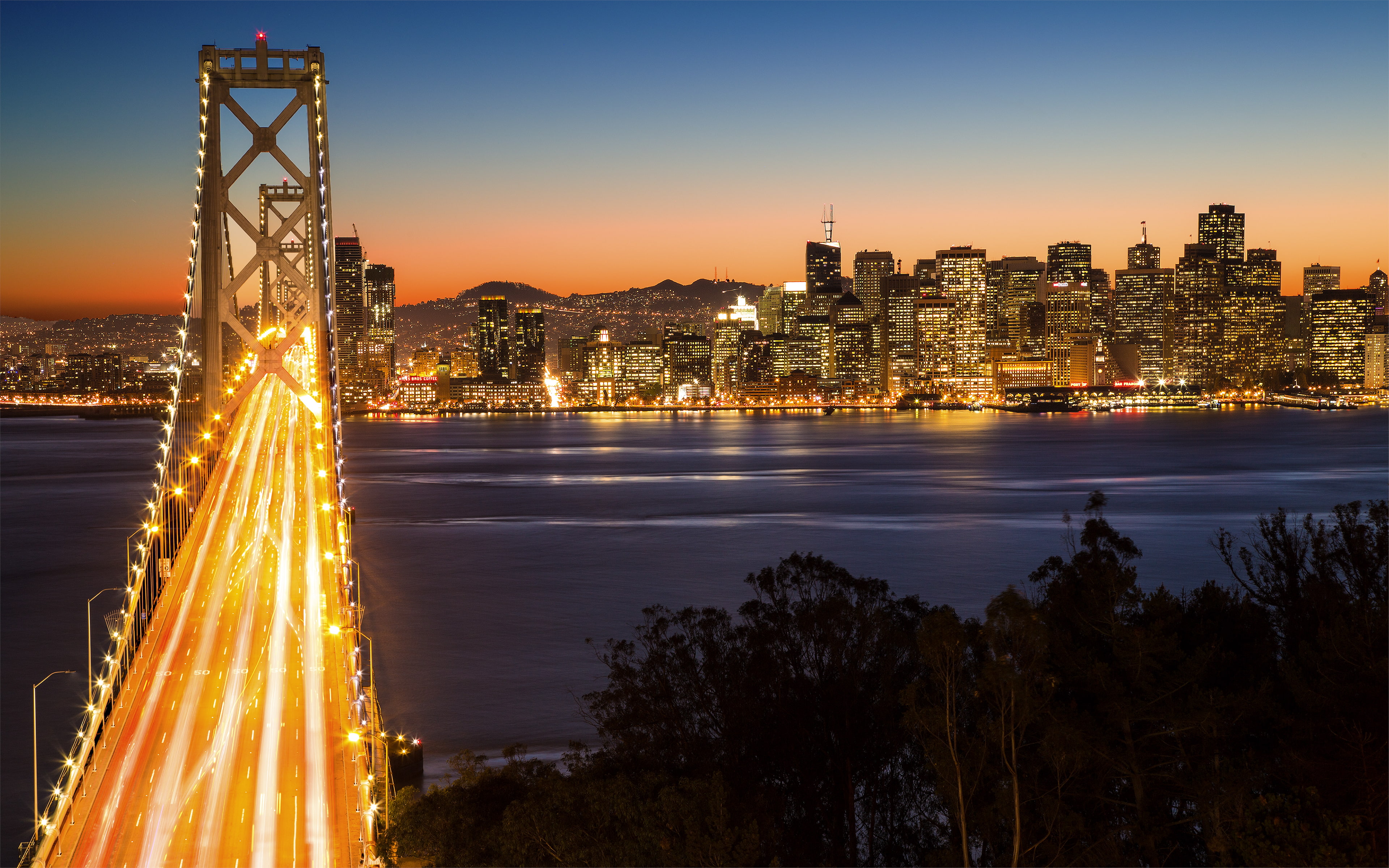 San Francisco, night, 4K, mountains, dawn, Yerba Buena Island, the city, bridge, Bay Bridge, megapolis, neboskreby, lights, HD Wallpaper